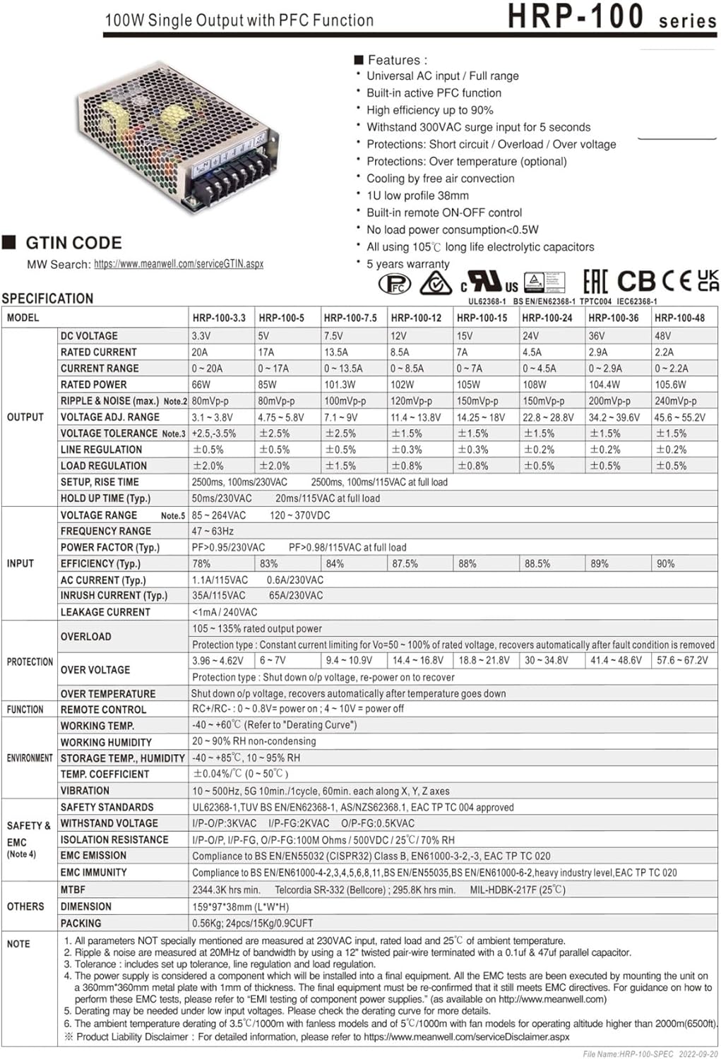 HRP-100 HRP-100-24 24V 4.5A 100W Single Output Switching Power Supply