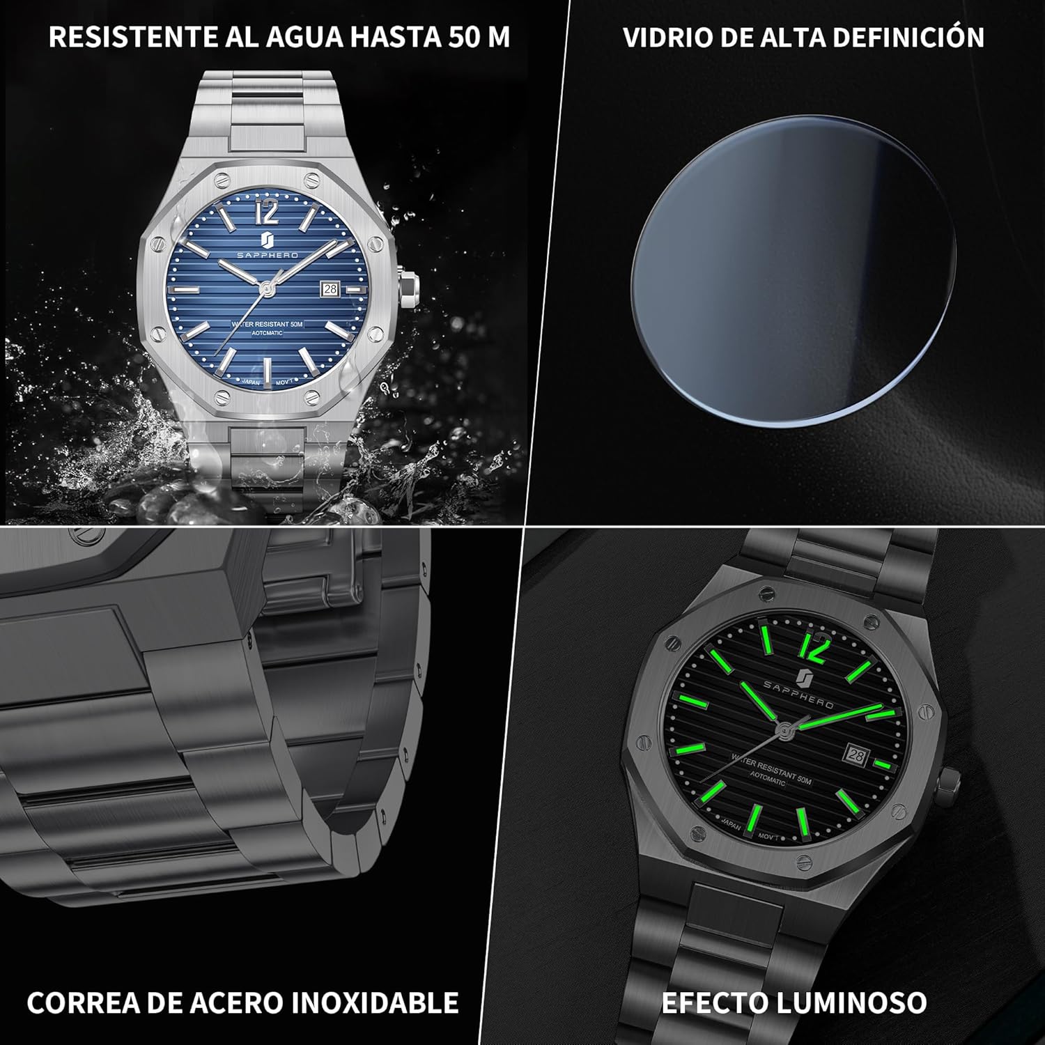 SAPPHERO Men's Watch Octagonal Stainless Steel Luminous Wristwatch Luxury Analog Quartz Watch for Men with Date Elegant Mens - Image 3