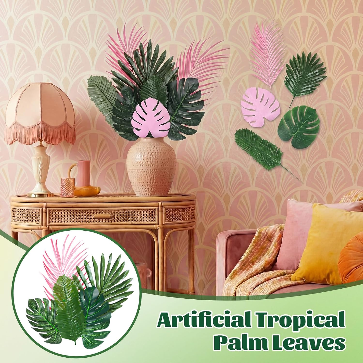 Zeyune 80 PCS 11 Kinds Artificial Tropical Palm Leaves Bulk - Pink Green Monstera Leaves with Stems Retro Fashion Decorations for Summer Tropical Beach Party Beach Wedding Birthday
