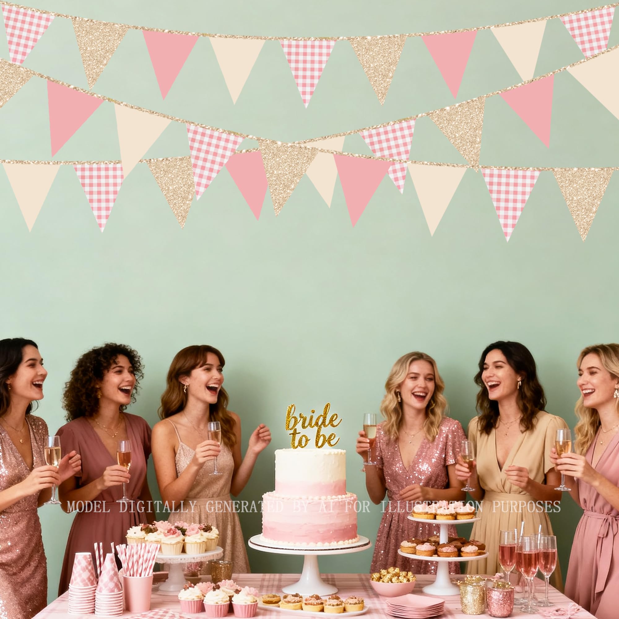 Dusty Rose Pink Buffalo Plaid Champagner Gold Party Dekorationen Wimpel Banner Flagge Hängende Glitzer Papier Dreieck Wimpelkette für Frauen Mädchen Geburtstag Babyparty Hochzeit Brautparty