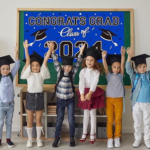 Miniatura 5 de Telón de fondo de plástico para fiesta de graduación 2024, 65 x 32.7 pulgadas, pancarta de felicitaciones graduadas en azul, decoraciones de clase