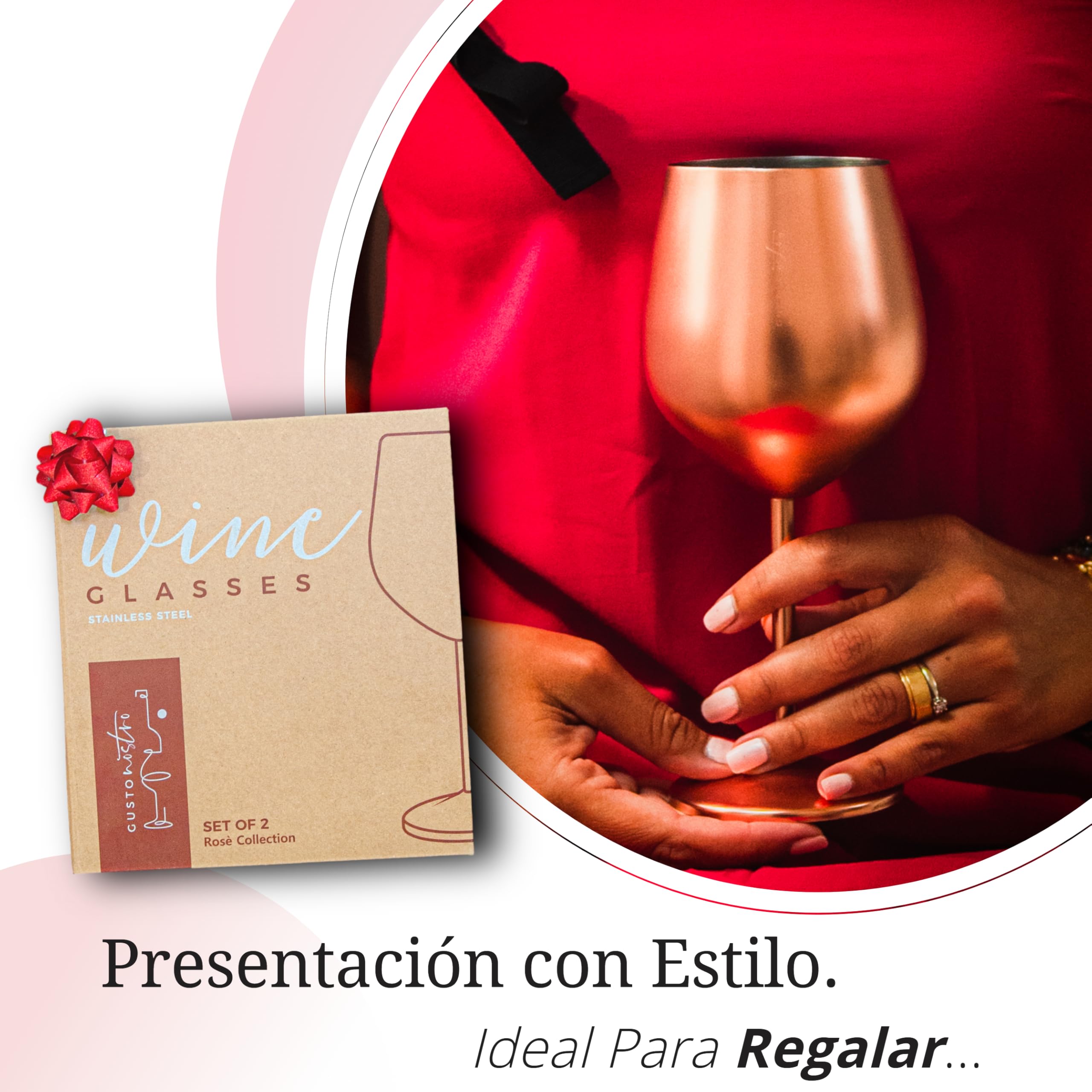 Gusto Nostro Copa de Vino de Acero Inoxidable - 530 ml (18 oz) - Copas de Vino Irrompibles de Oro Rosa para Viajes, Camping y Piscina - Copa de Vino de Metal Portátil Elegante, Única y Genial para