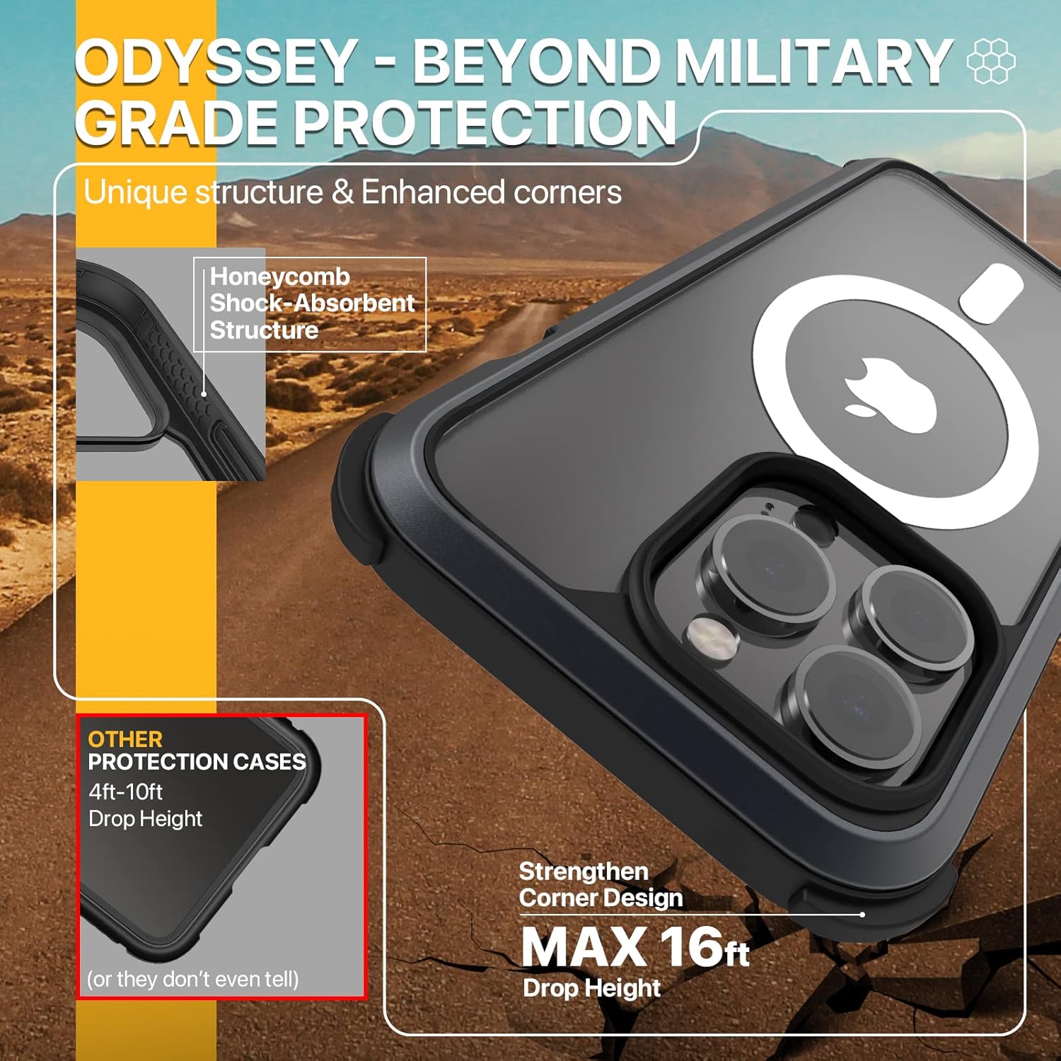 MAGEASY Rugged iPhone 14/13 Protective Case 6.1" - 16ft Drop Tested, Compatible with MagSafe - Odyssey M (2 Lens, Leather Black)