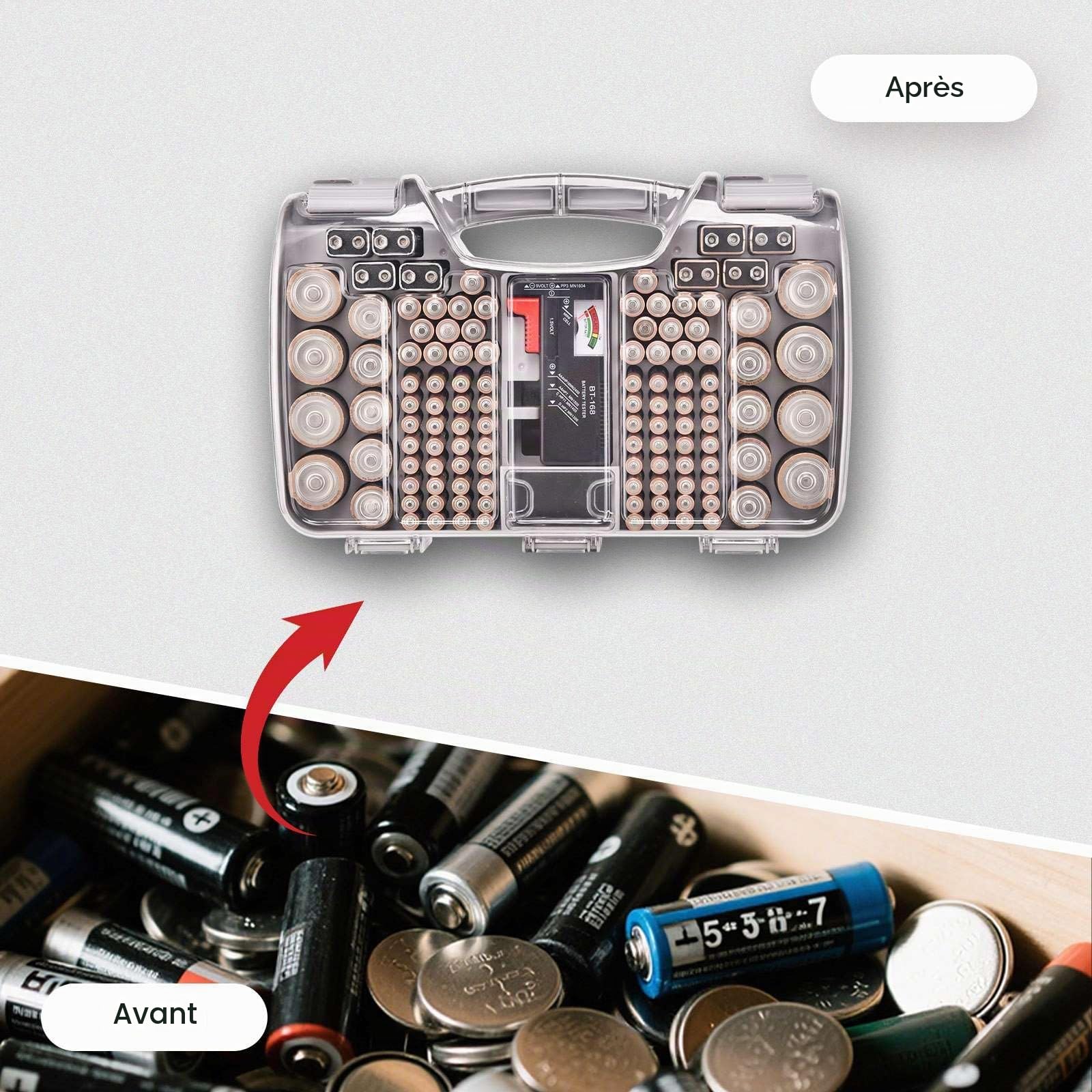 Boîte de rangement pour 180 piles AA, AAA, C, D, 9 V, piles bouton (gris)