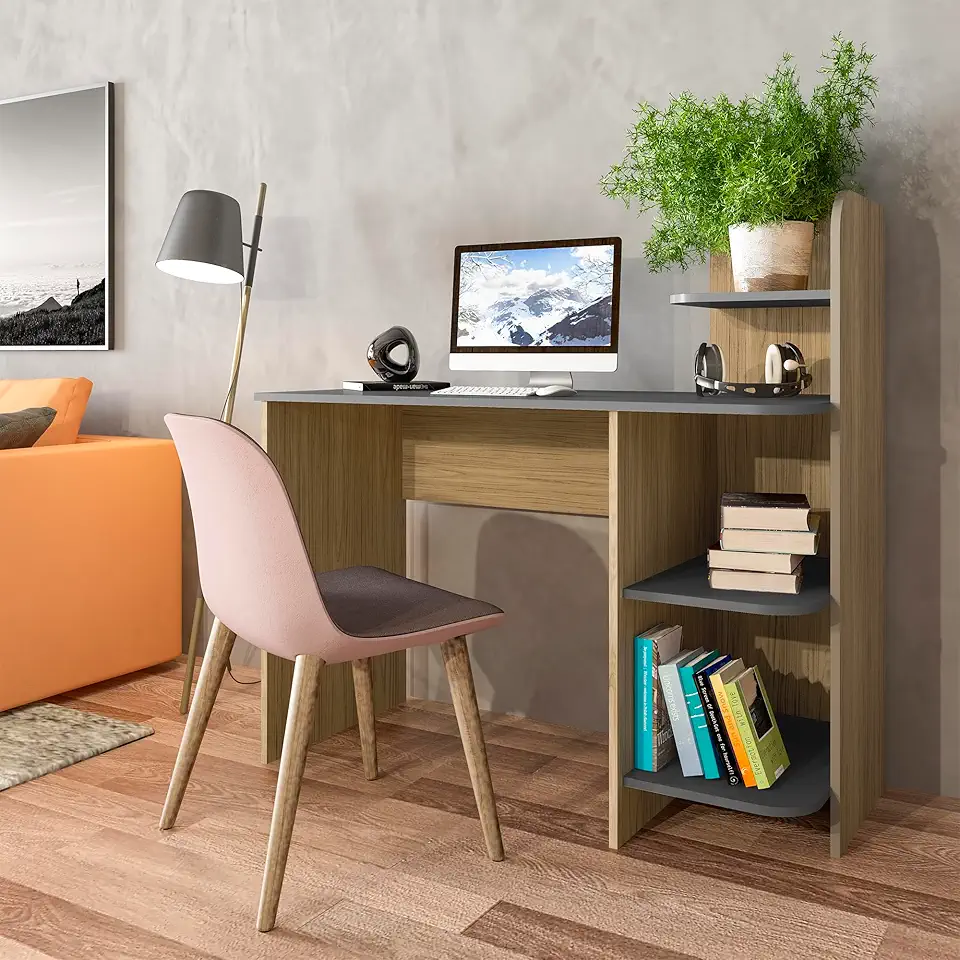 Escrivaninha com 3 prateleiras LINK cor Carvalho com Grafite - Artely