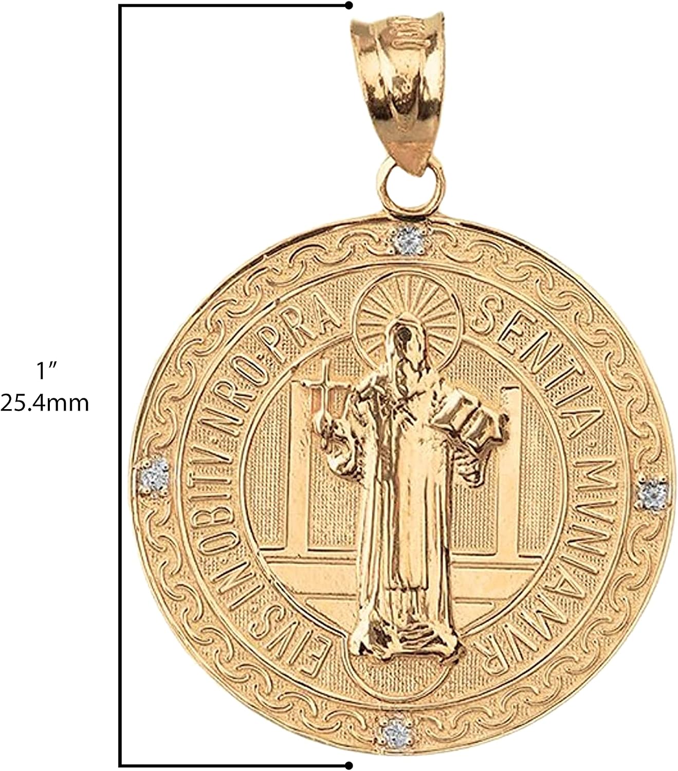 14K Yellow Gold Diamond Accented 1” Round Two Sided Saint Benedict Medalla de San Benito Medal Pendant