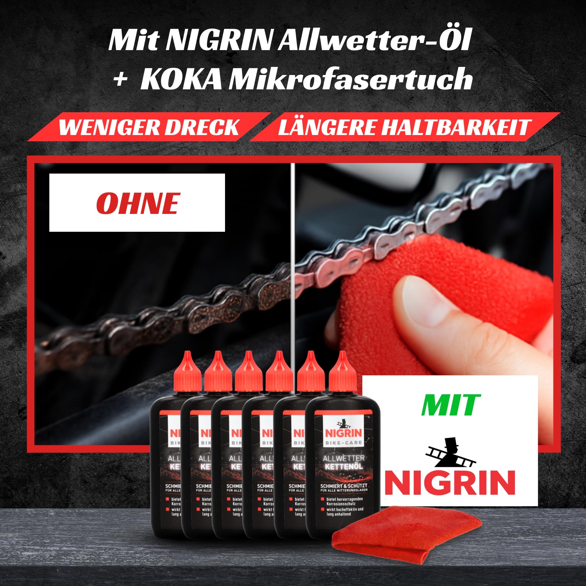 NIGRIN BIKE-CARE Lot de 6 huiles de chaîne toutes saisons 100 ml (6 x 100 ml) – Lubrifiant pour chaînes de vélo par tous temps – Réduit les frottements, protège contre la rouille, pour vélo électrique