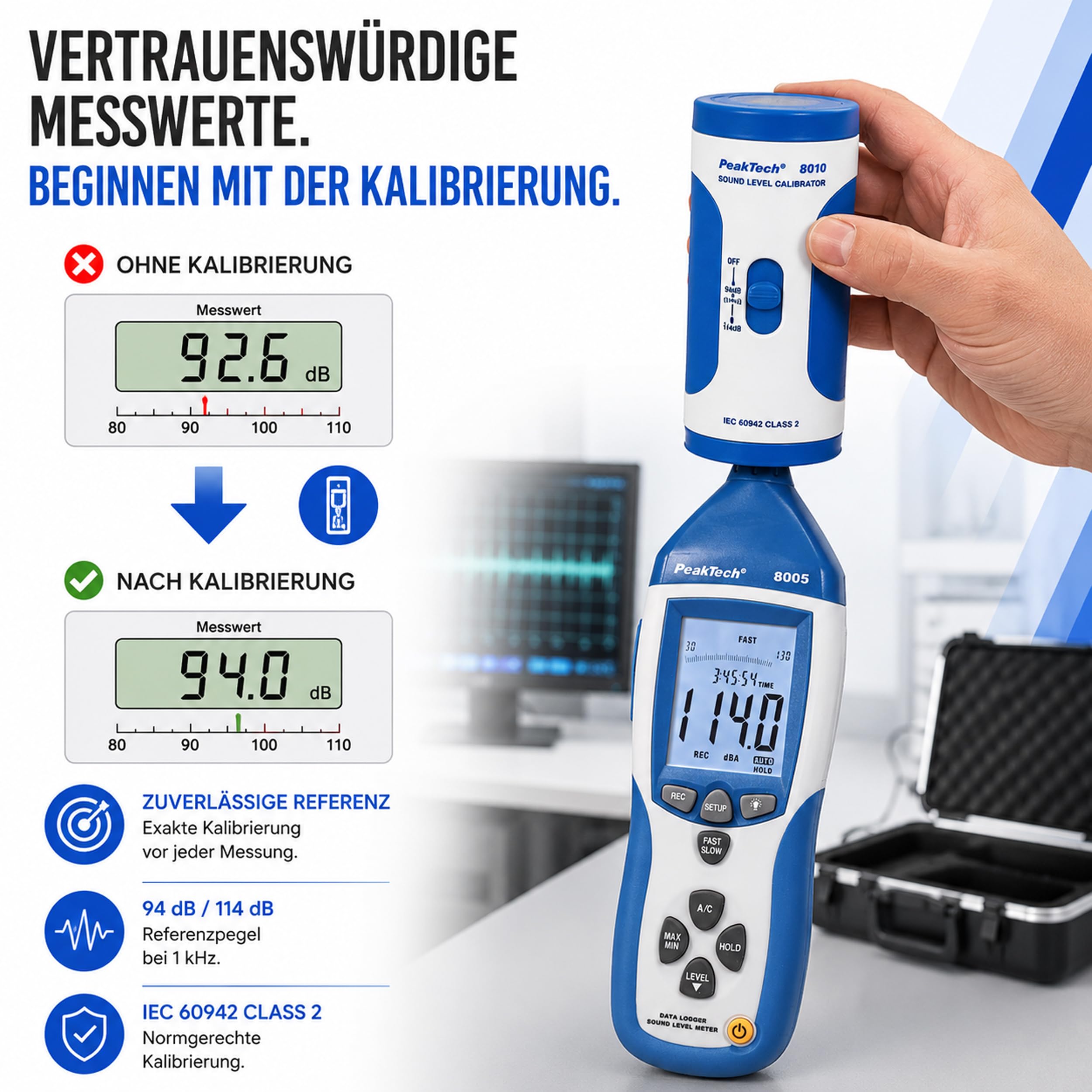 PeakTech P 8010 Schallpegelkalibrator – Präziser Decibel-Meter Kalibrator für Schallpegelmessgeräte, Klasse 2, 94 dB/114 dB, Hohe Genauigkeit für Geräuschpegelmessung und dB-Messgerät