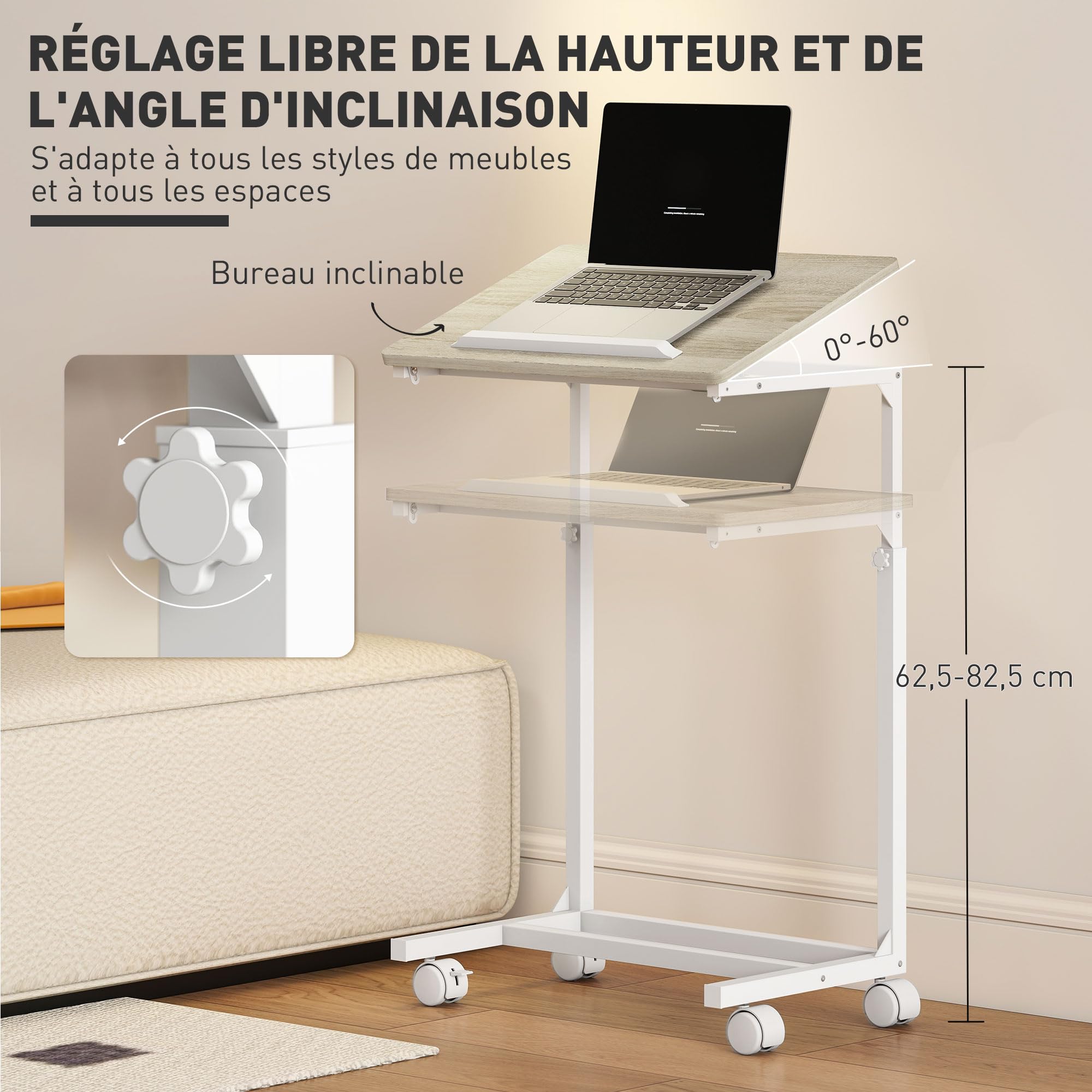 HOMCOM Table d'appoint à roulettes réglable en Hauteur chêne et Blanc