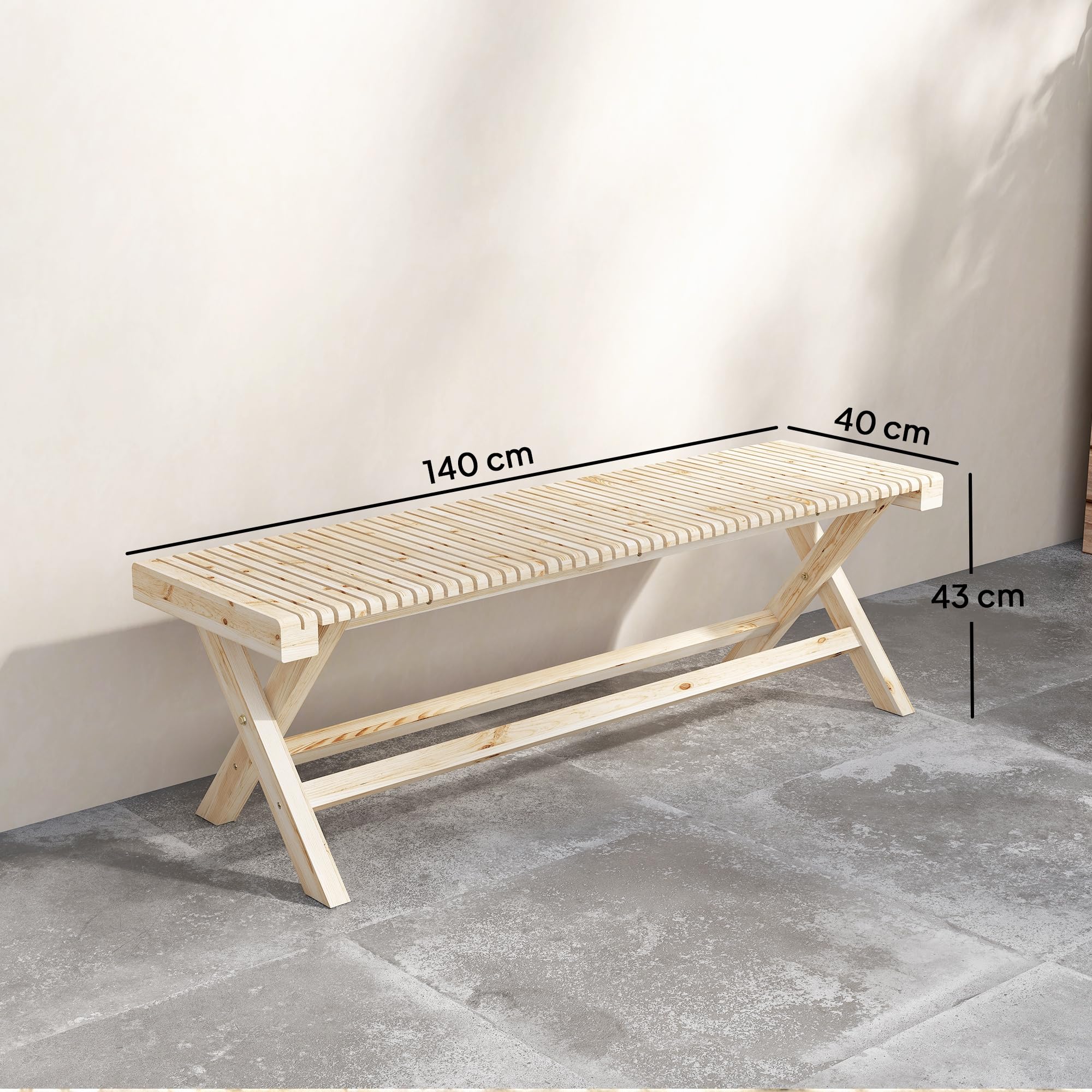 Outsunny - Banco de jardín de madera maciza, banco de jardín con asiento de lamas efecto madera, sin respaldo, para patio, balcón, parque, capacidad 240 kg, 140 x 40 x 43 cm, efecto madera natural