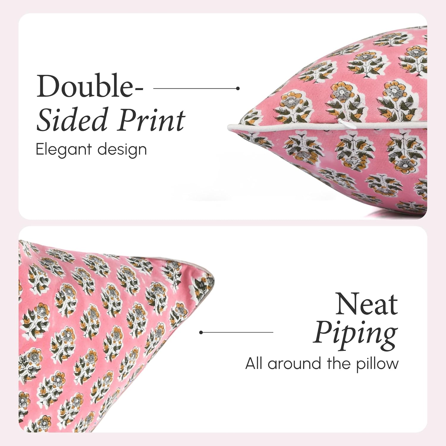CPC 100% Cotton Throw Pillow Covers 20x20 Inch, Set of 2 Green Block Print Pattern Couch Pillow, Cute Boho Decorative Pillows for Living Room, Bedroom with Hidden Zipper- Poppy Pink