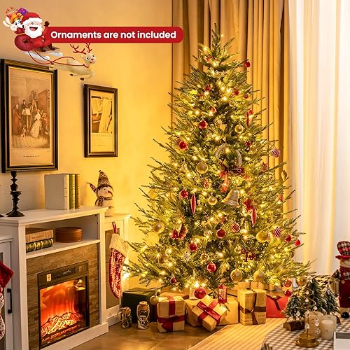 Miniatura 2 de Goplus Árbol de Navidad artificial preiluminado de 7 pies, árbol de Navidad con bisagras con 380 luces LED blancas cálidas, 8 modos de iluminación,