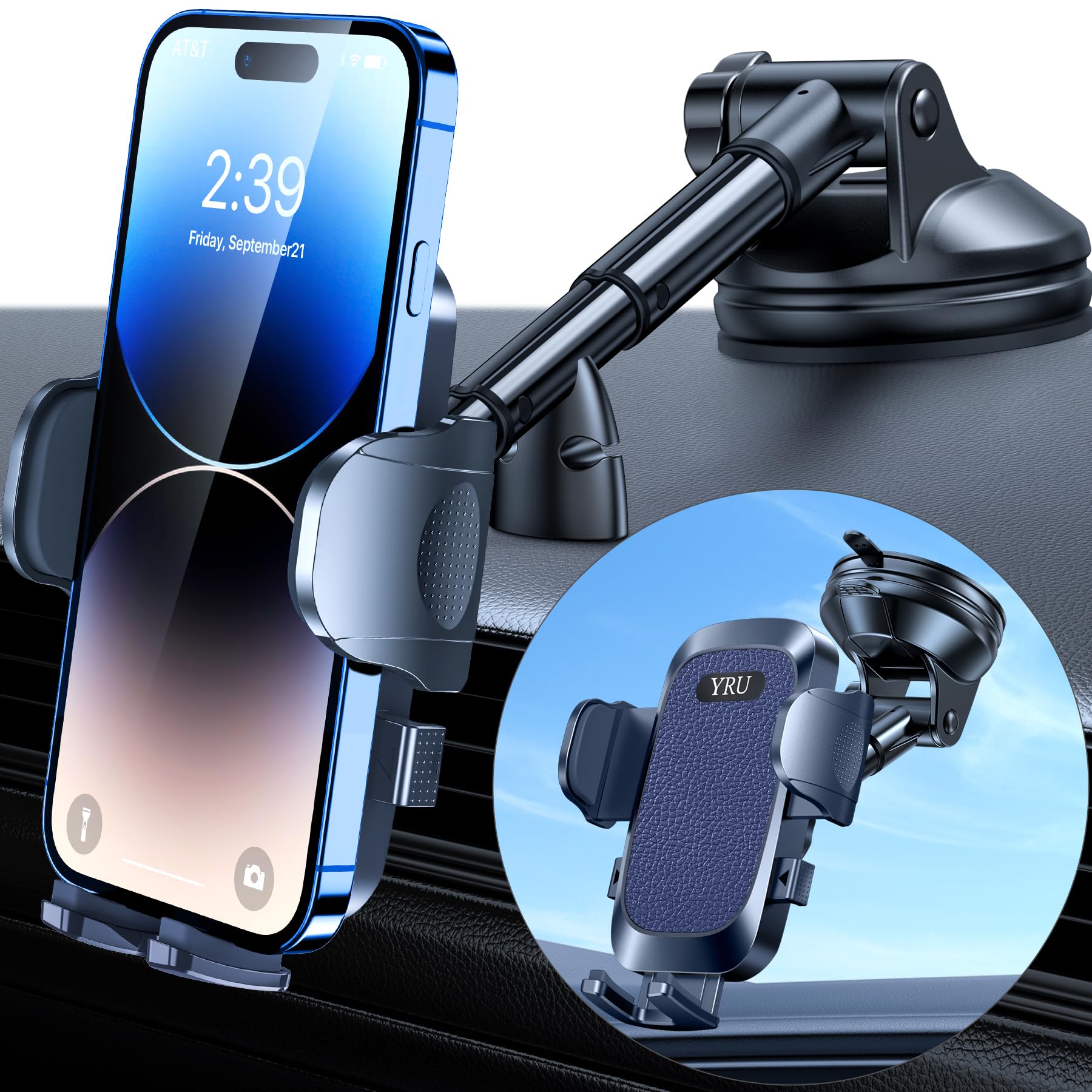 YRU True Military-Grade Car Phone Holder [2024 Upgraded Rotatable Strongest Suction Cup] Cell Phone Mount for Dashboard Windshield Truck Cradle Dash Stand for iPhone 15 14 13 12 Pro Max, Purplish Blue