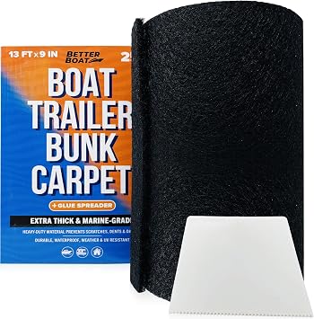 Boat Trailer Bunk Carpet Black, 13ft x 9in or 12in Roll, 1/4" Extra Thick Marine Grade, Replacement for Bunk Boards and Runners, Glue Spreader Included - Better Boat
