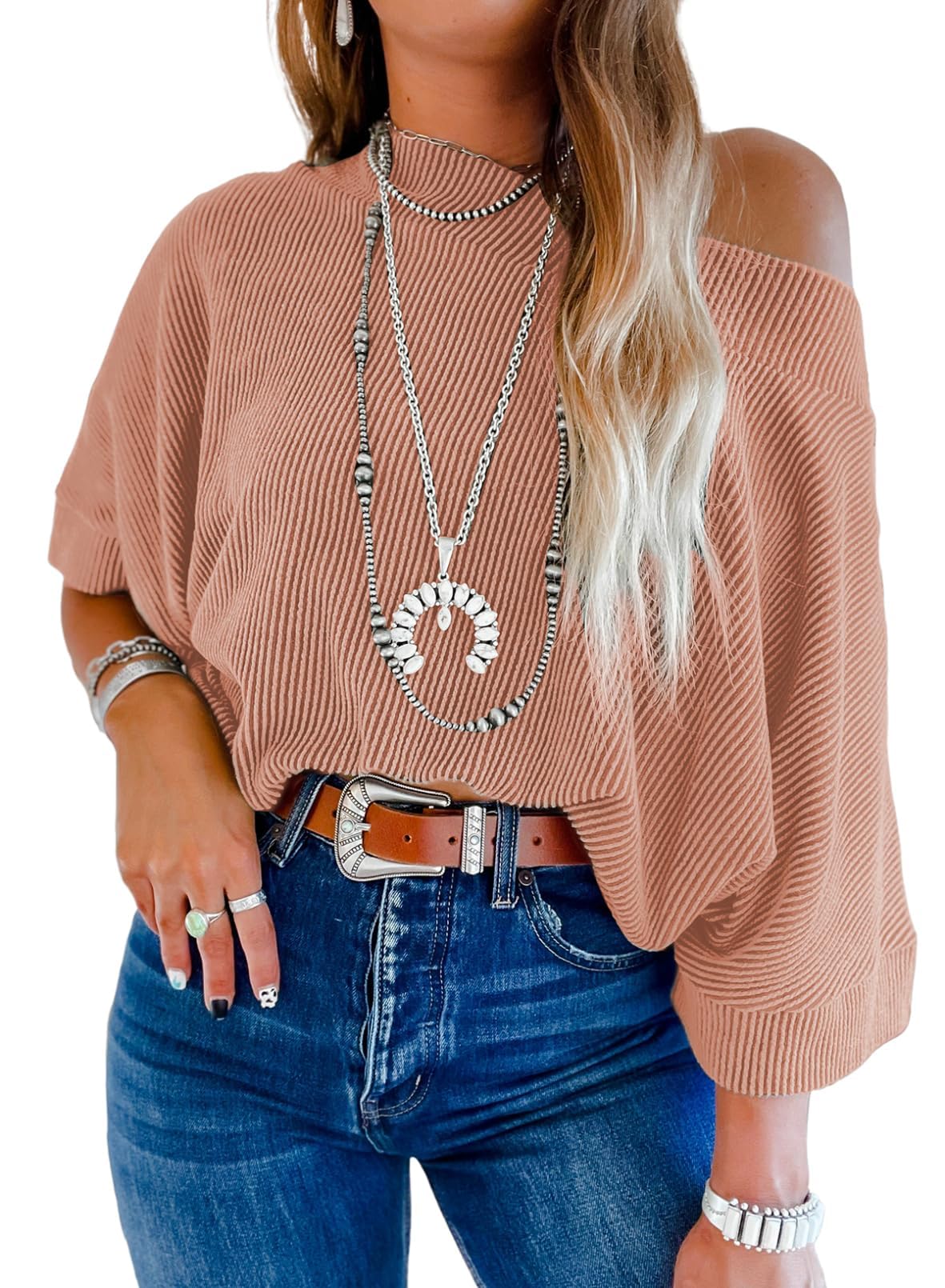 EVALESS Sexy Off The Shoulder Tops for Women 3/4 Length Sleeve Womens Tops Spring Summer 2025 Boat Neck One Shoulder Shirts