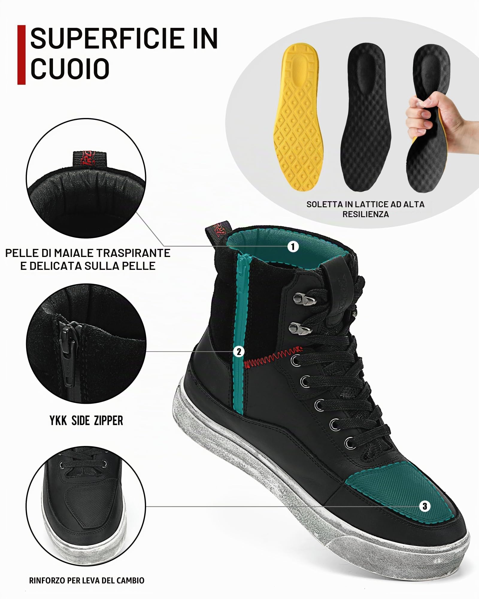 Scarpe Moto Uomo in Pelle Traspirante Stivali Moto Uomini con Cerniera Laterale, Supporto alla Caviglia, Suola Antiscivolo, Pad del Cambio Nero 43
