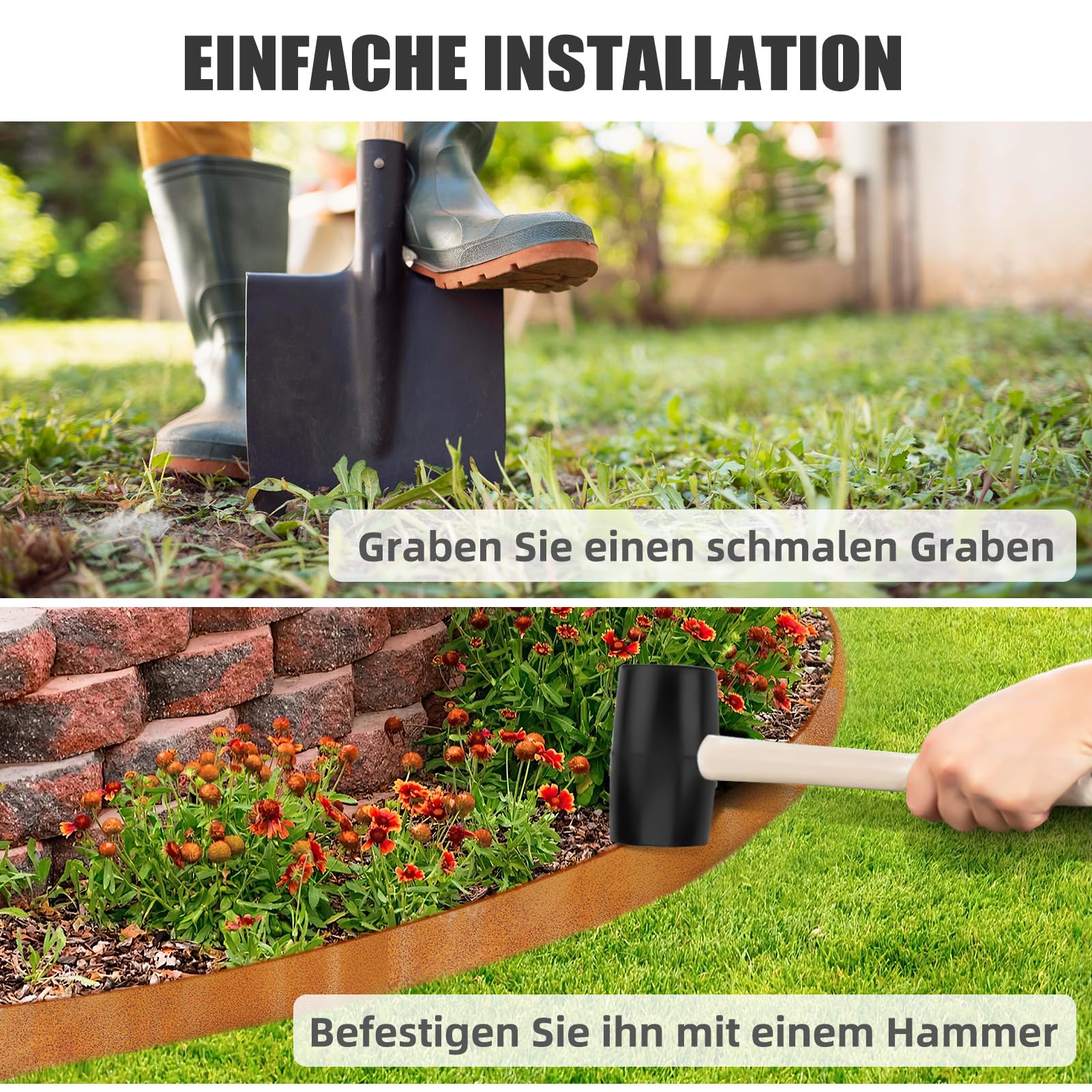Borde de metal para césped de 10 m, borde de césped de acero corten de 15 cm de alto, fácil montaje, borde flexible para arriates, para jardín, bancal, césped y caminos, incluye guantes