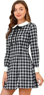 Women's Christmas Peter Pan Collar Long Sleeve Mini Plaid Tartan Dress