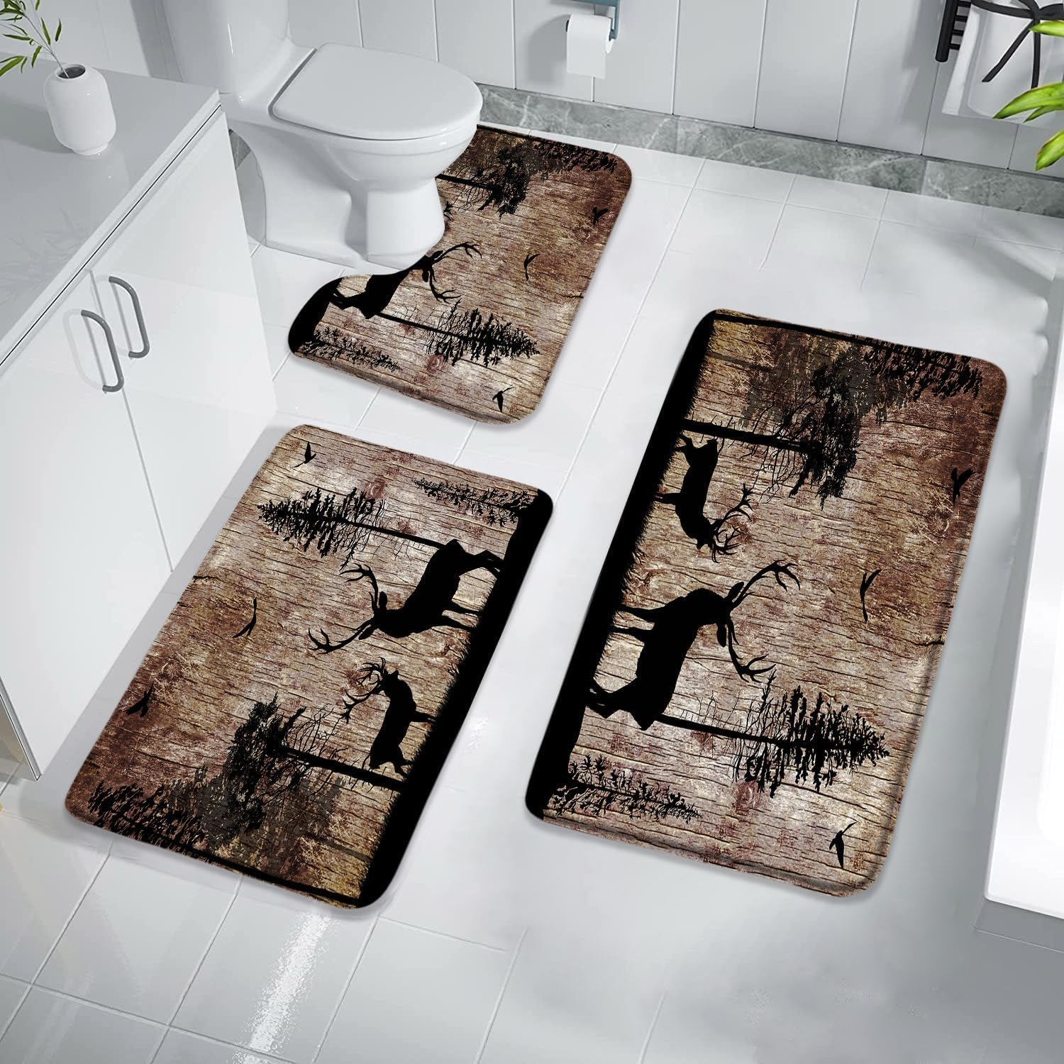 3 Pcs Bath Rugs Set,Rustic Cabin Deer Bath Mat Vintage Wooden Board Forest Farmhouse Lodge Country Hunting Wild Animal Elk Moose Camping Bathroom Non Slip Mats Bedroom Floor Mat Living Room Rug