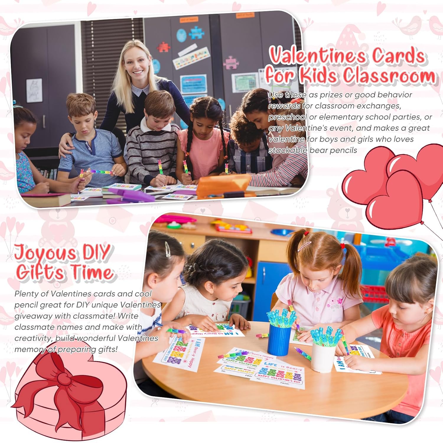Sabary 30 Set Valentine's Day Gift for Kids Classroom Include Valentines Day Cards School Plastic Bear Pencils Kids' Pencils with Tape for Classroom School Valentine Exchange Gifts