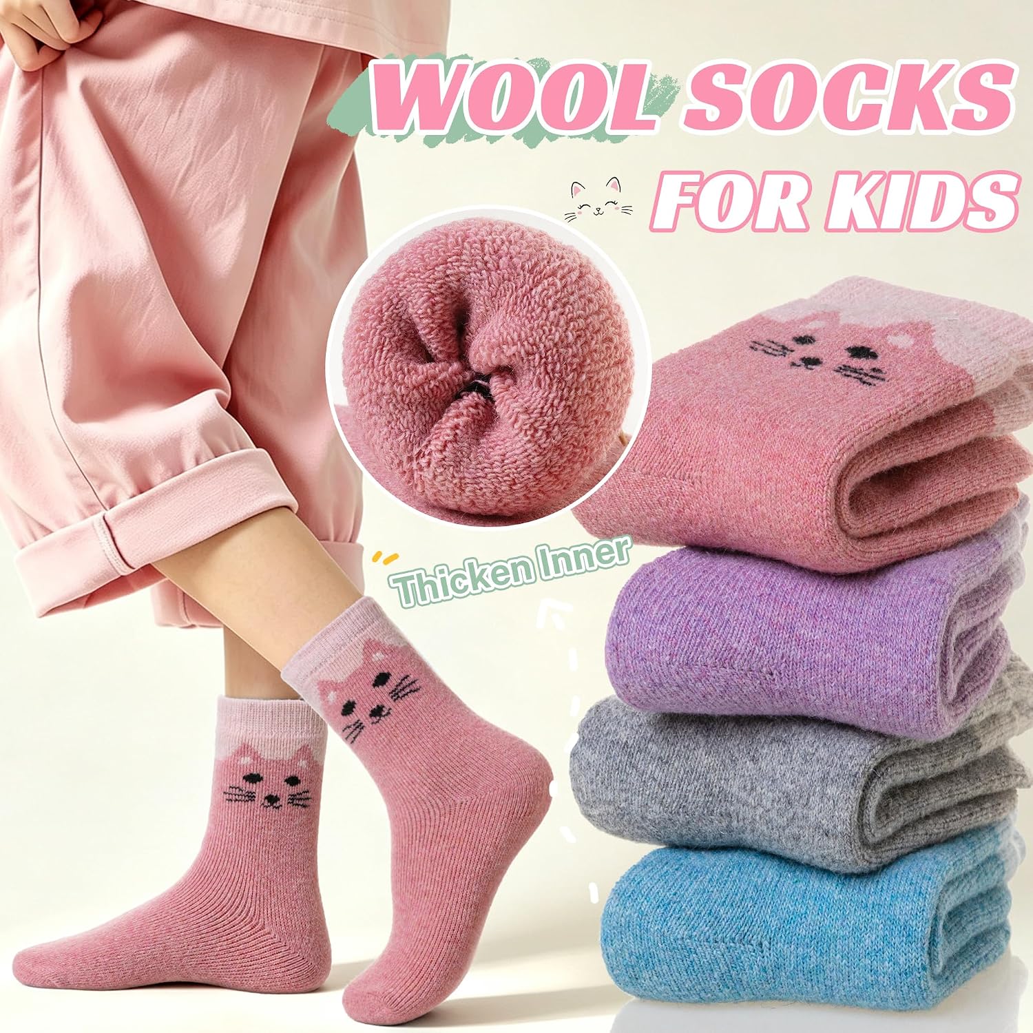 Eocom Kids Merino Wool Socks Winter Warm Hiking Crew Boot Socks