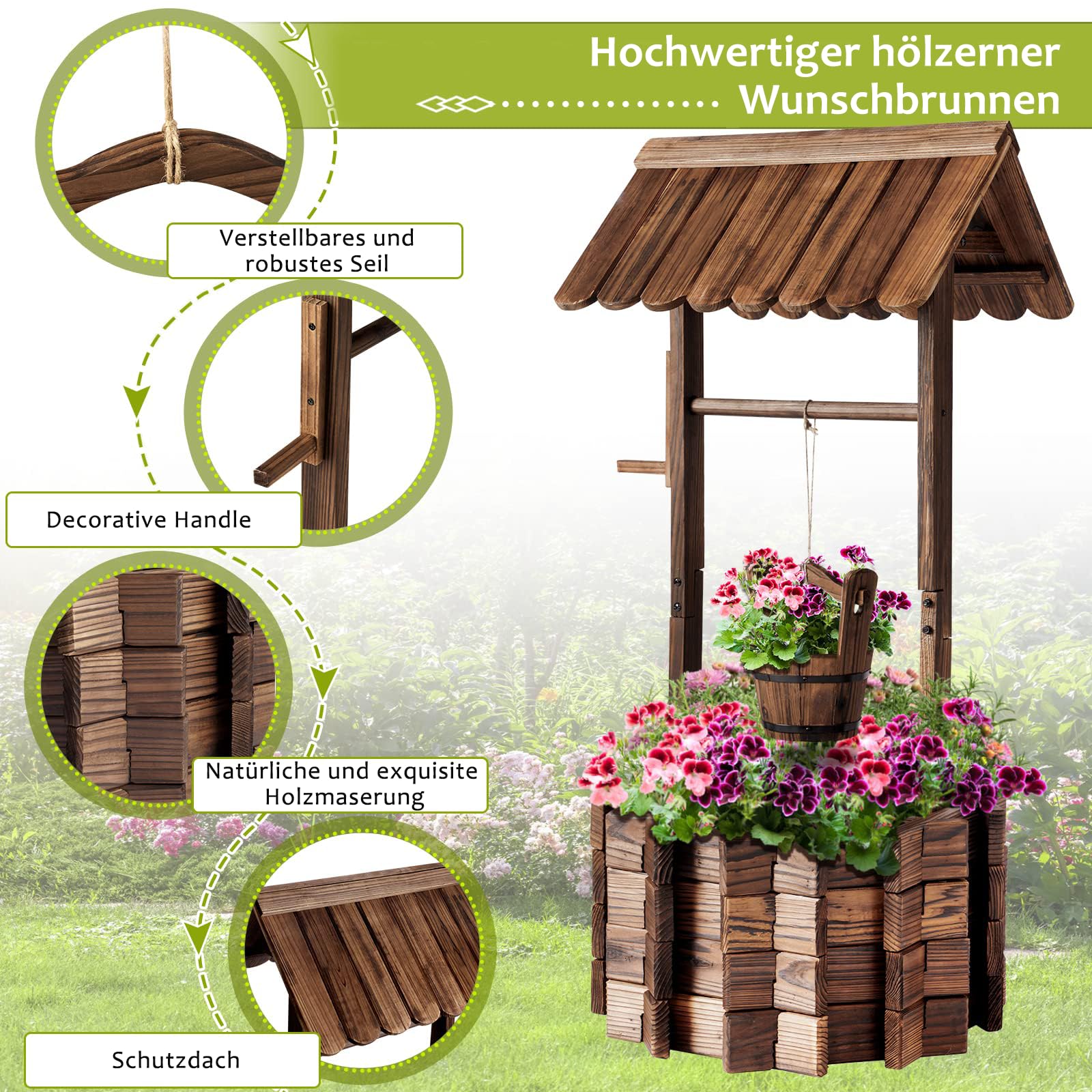 Aoxun Pflanztopf Wunschbrunnen Holz, Ziehbrunnen Pflanzenständer, Wunschbrunnen Pflanzkübel, 54 x 54 x 118 cm, Dekobrunnen für Garten, Gartenbrunnen Blumenkübel
