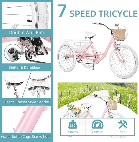 Miniatura 22 de Triciclos para adultos para adultos, triciclos para adultos de 7 velocidades, bicicleta de 3 ruedas de 20/24/26 pulgadas con canasta, bicicletas