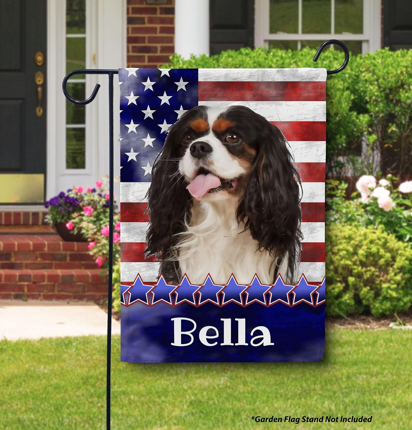 Personalized Cavalier King Charles Spaniel Garden Flag, Patriotic July 4th Outdoor Yard Decor, Custom Dog Name American Flag for Lawn Porch Patio, Flagology