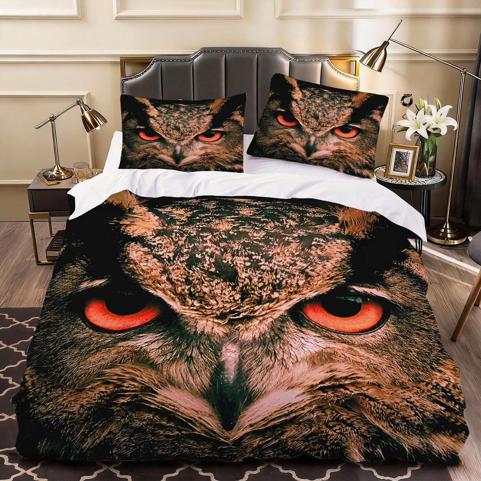3D Owl Duvet Cover Cute Animals Bedding Super King Bed Set, Soft Microfiber Comforter Cover Printed with Zipper Closure Quilt Coverr 260x220 cm and 2 Pillowcases