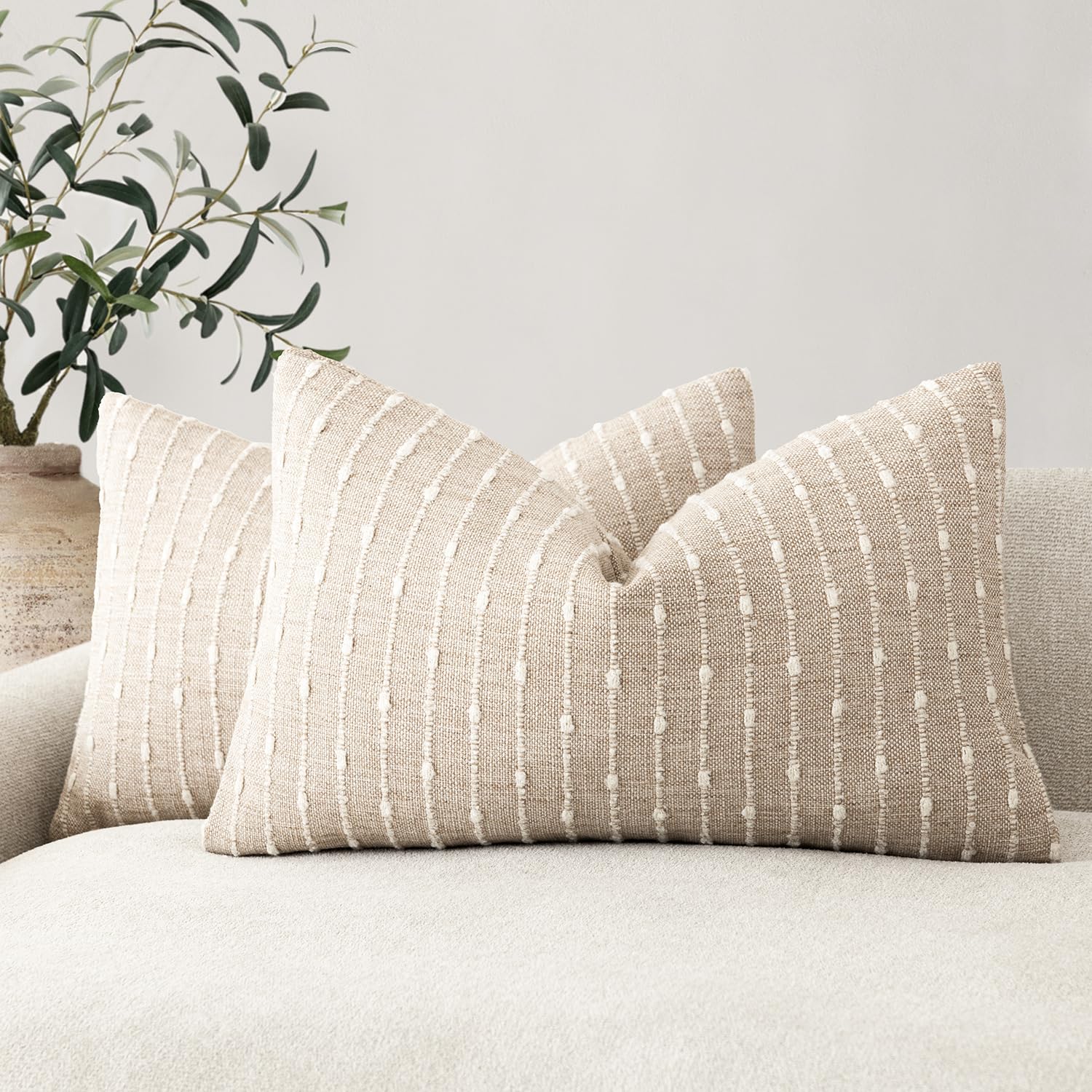 Foindtower Striped Boucle Lumbar Throw Pillow Covers 12x20 Natural Beige