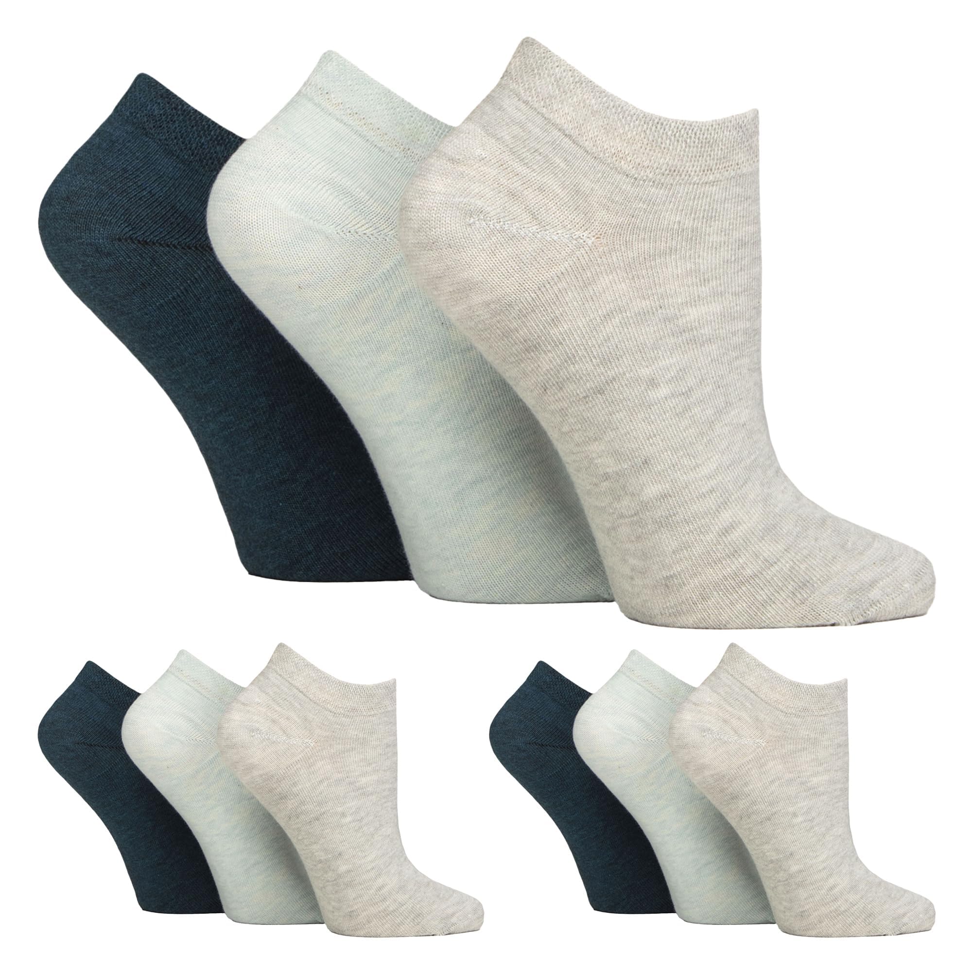 IOMI 9 Pair Multipack Ladies Diabetic Trainer Socks Loose Fitting Non Binding Ankle Socks (UK, Numeric, 4, 8, Regular, Regular, Grey/Teal/Mint)