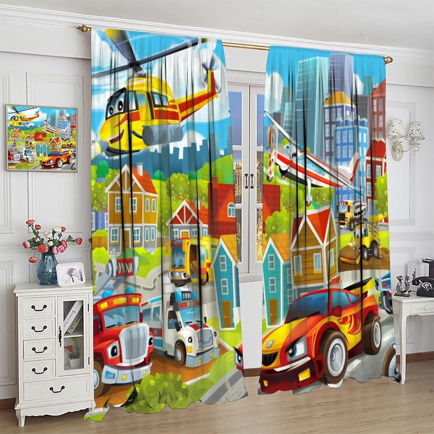 Cartoon City Curtains, Funny Building Engineering Machines Cars and Aircraft for Kids, Blackout Rod Pocket Thermal Insulation Window Treatments for Living Room Bedroom 42x54 Inch
