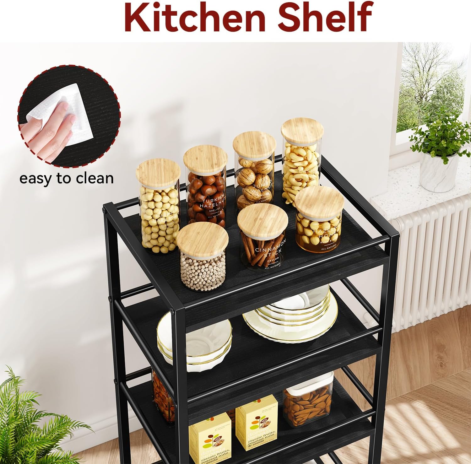 IBUYKE Industrial Bar Storage Cart, Mobile 4-Tier Shelf, Bedroom, Living Room & Bath Black TMJ419B