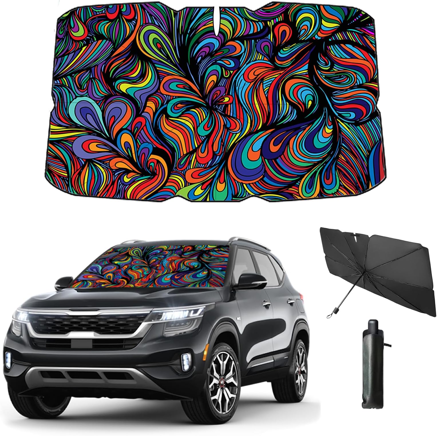 Windshield Sun Shade Umbrella for Car Foldable Umbrella Front Window Sunshade UV Block Windshield Shades for Sedan, SUV, Hatchbacks 57 * 31" (Abstract)