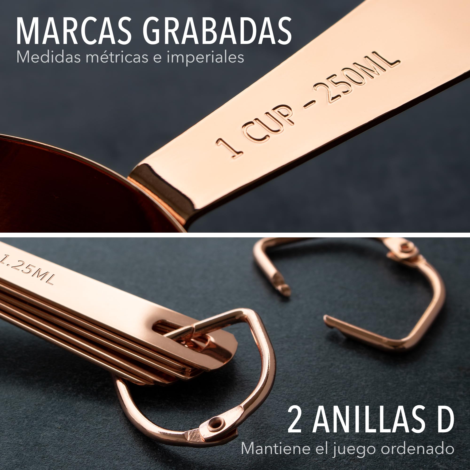 GOOD FOR YOU - Juego de 9 Piezas de Tazas y Cucharas Medidoras | de Cobre y Acero Inoxidable brillante |con Medidas grabadas | Para ingredientes secos y líquidos, cocinar y hornear