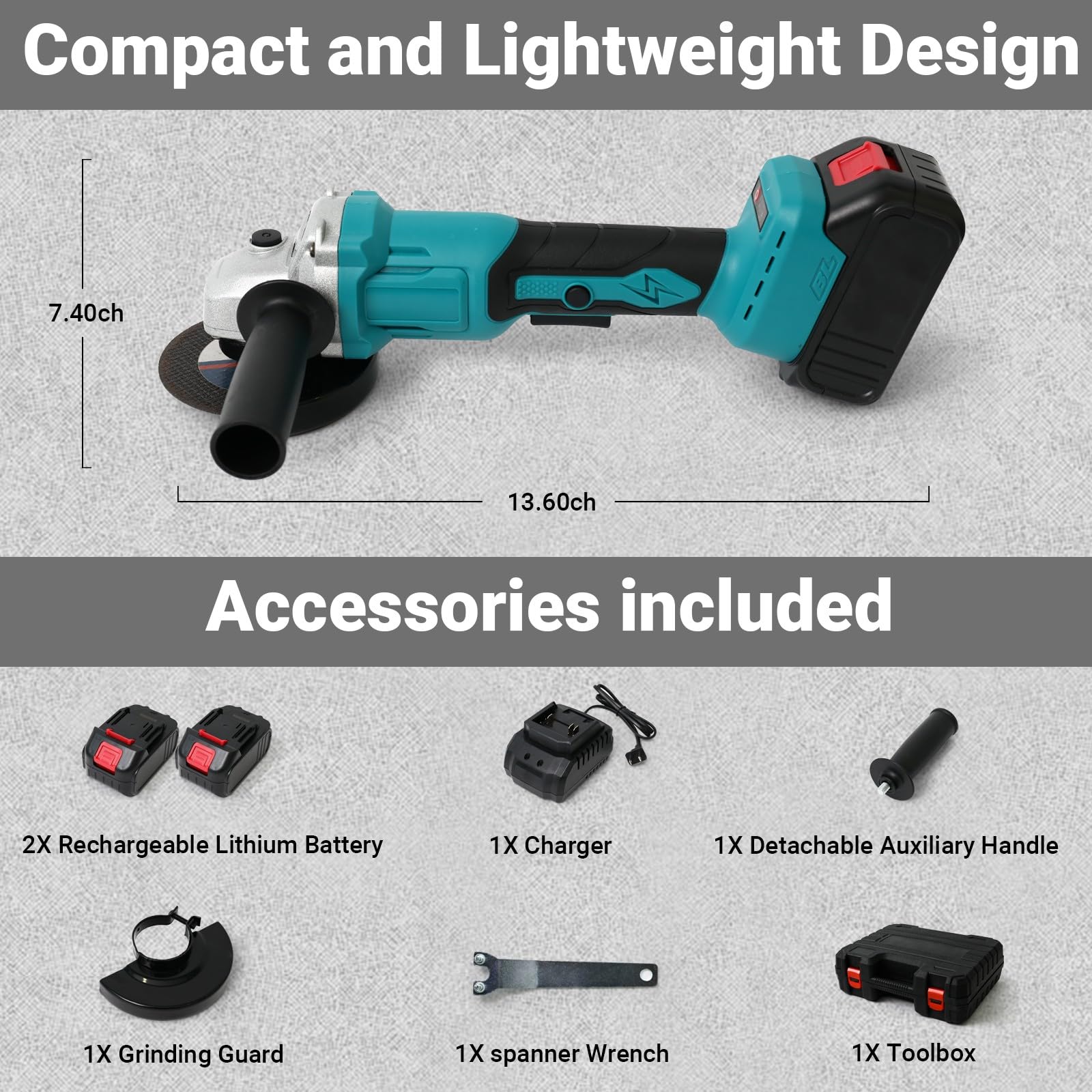 Kit de amoladora angular inalámbrica sin escobillas, 2 baterías 21 V y 1300 mAh, cargador, muelas abrasivas 10 discos corte for cortar pulir