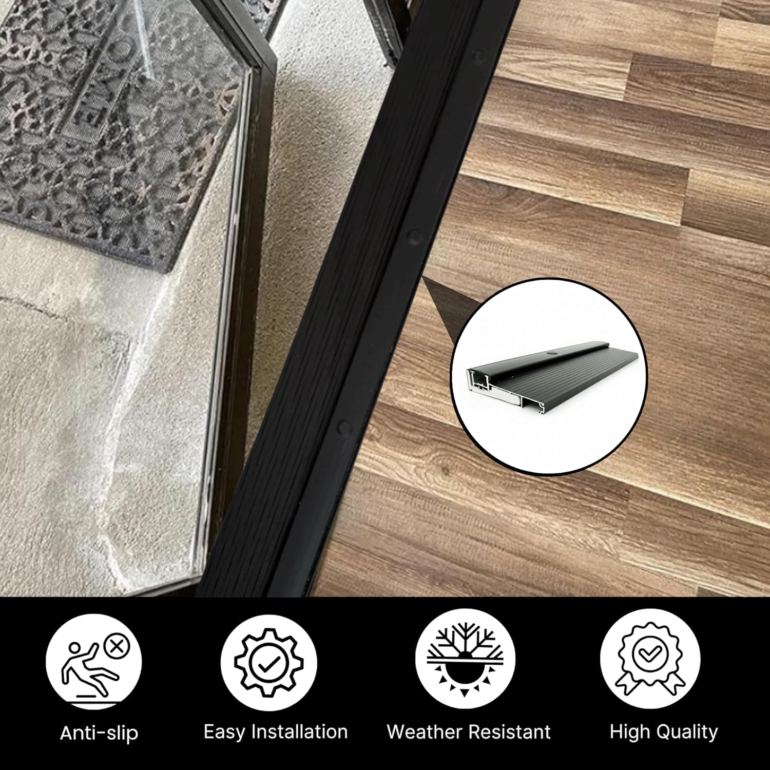 KC Hardware Adjustable Aluminum Threshold Waterproof Hidden Screws Add-on Extension Available Heavy Duty Commercial and Residential Black (36 inch)