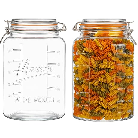 kitchentoolz 1 Gallon Glass Mason Storage Jars with Airtight Lids & Measurment Marks, Super Wide Mouth Canning Jars with Large Capacity for Pickles, Water Glassing & Overnight Oats - 2 Pack