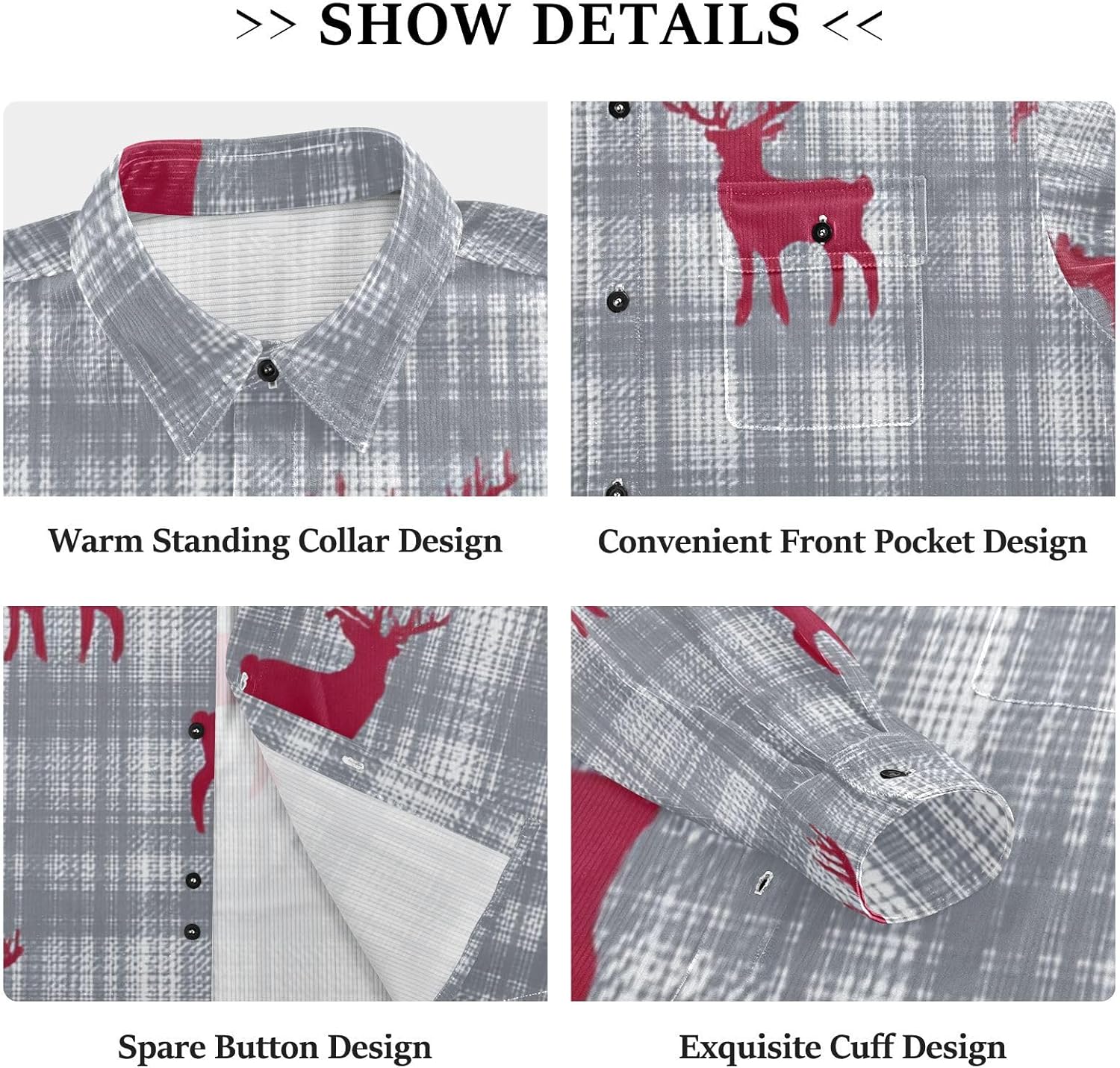 Gray Gingham Reindeer Red Woolen Cord Fabric Mens Rugby Shirts Long Sleeve for Women Medium with Pockets