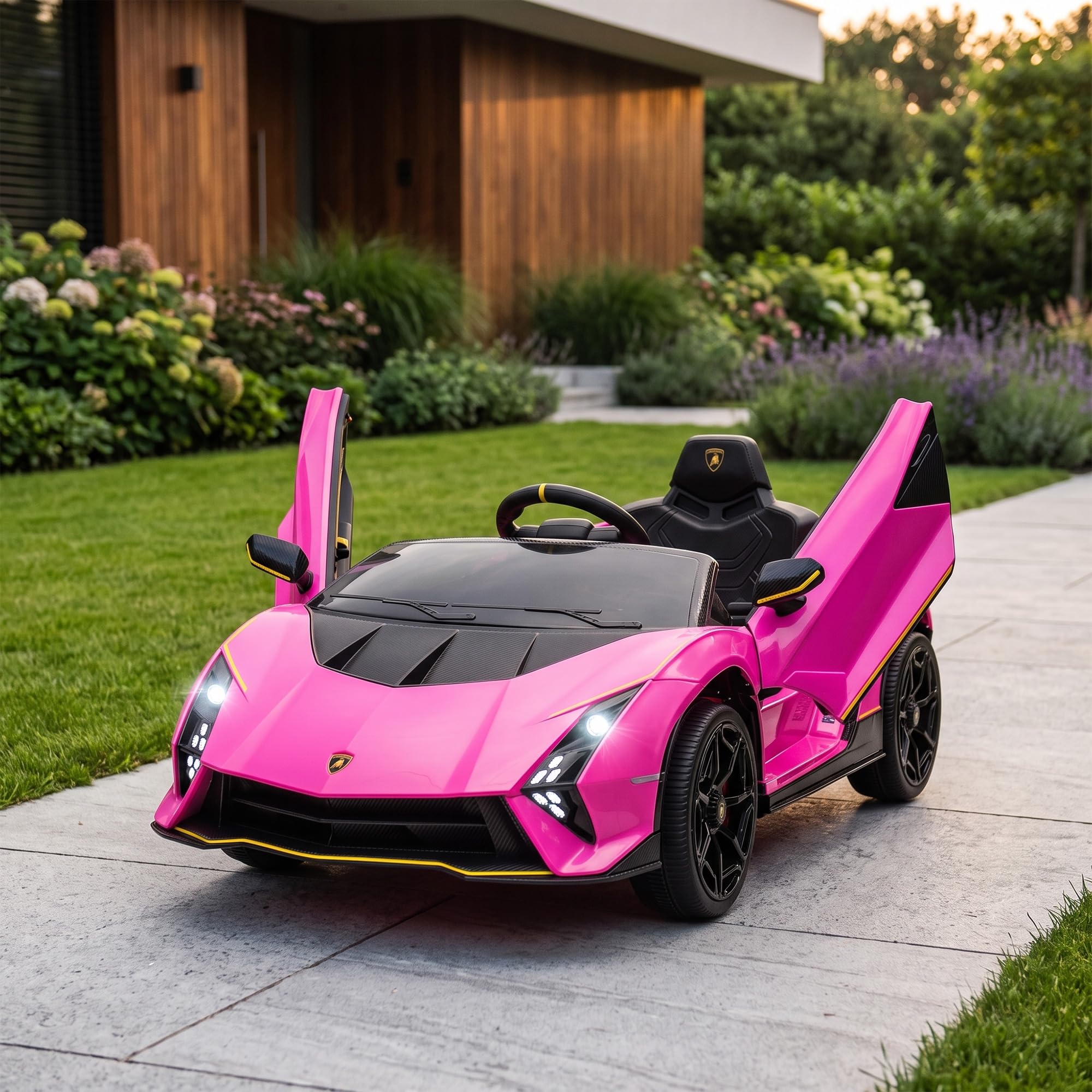 AIYAPLAY Macchina Elettrica per Bambini 3-6 Anni 12V Lamborghini Autentica, 3-5km/h Auto Elettrica per Bambini con 2 Motori, Porta a Forbice, Sospensioni, Fari, Musica, Telecomando, Cintura, Rosa