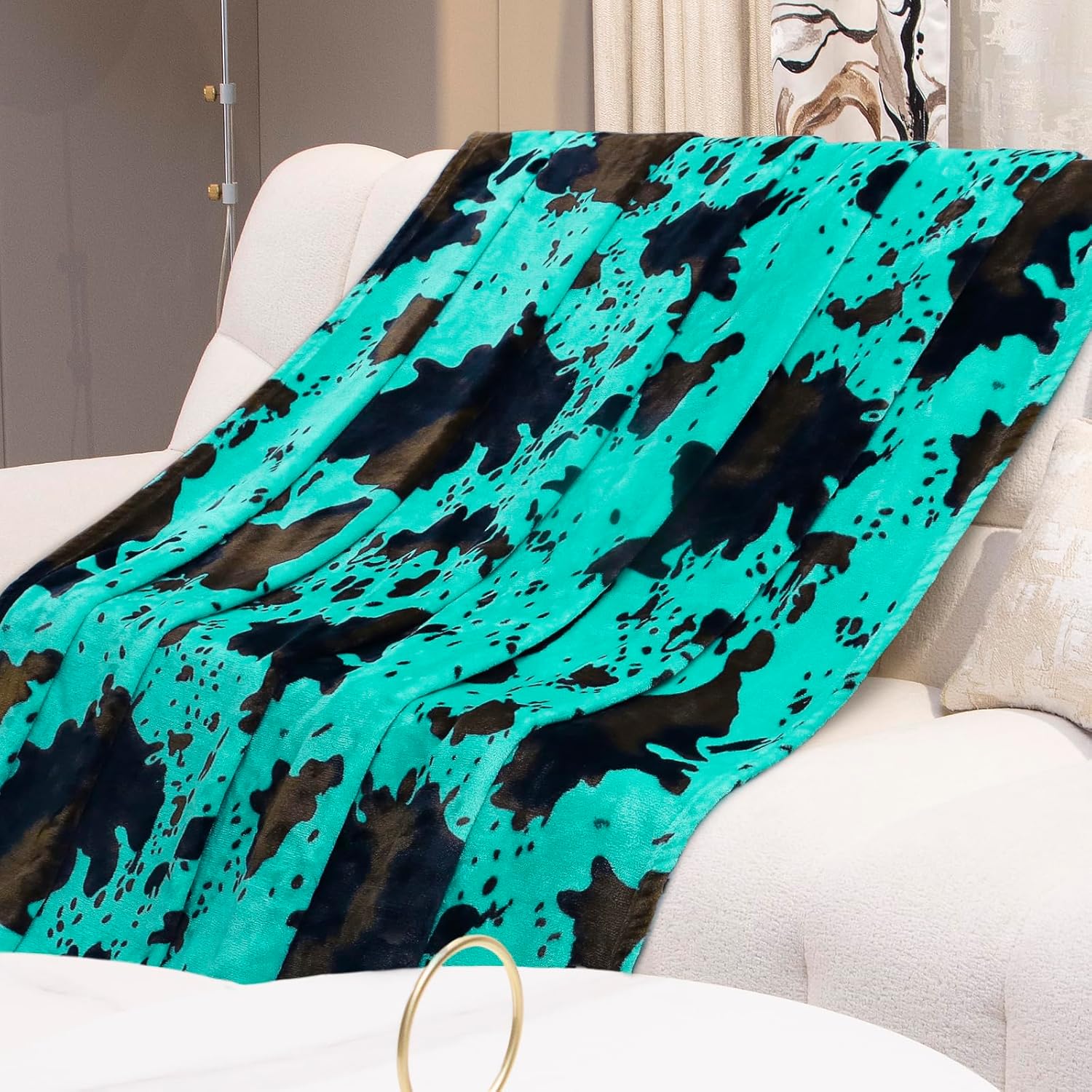 Teal Fleece Blanket Twin Size - Plush Soft Warm Turquoise Cow Print Throw for Bed, Couch, Sofa, Room Decor & Gifts - Image 7