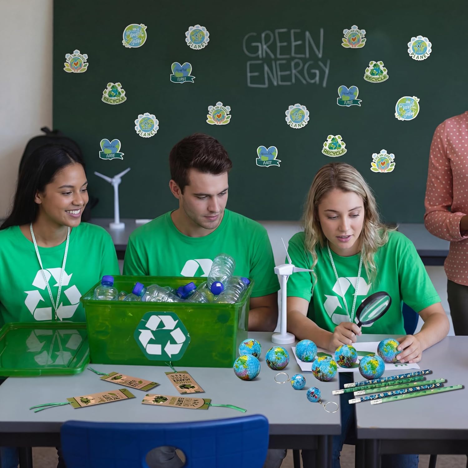 360 Pcs Earth Day Assortment Set Sticker Stress Balls Button Pins Pencils Globe Keychains Temporary Stickers Silicone Wristband Bookmarks Lanyards for Earth Day Educational Activities Supply