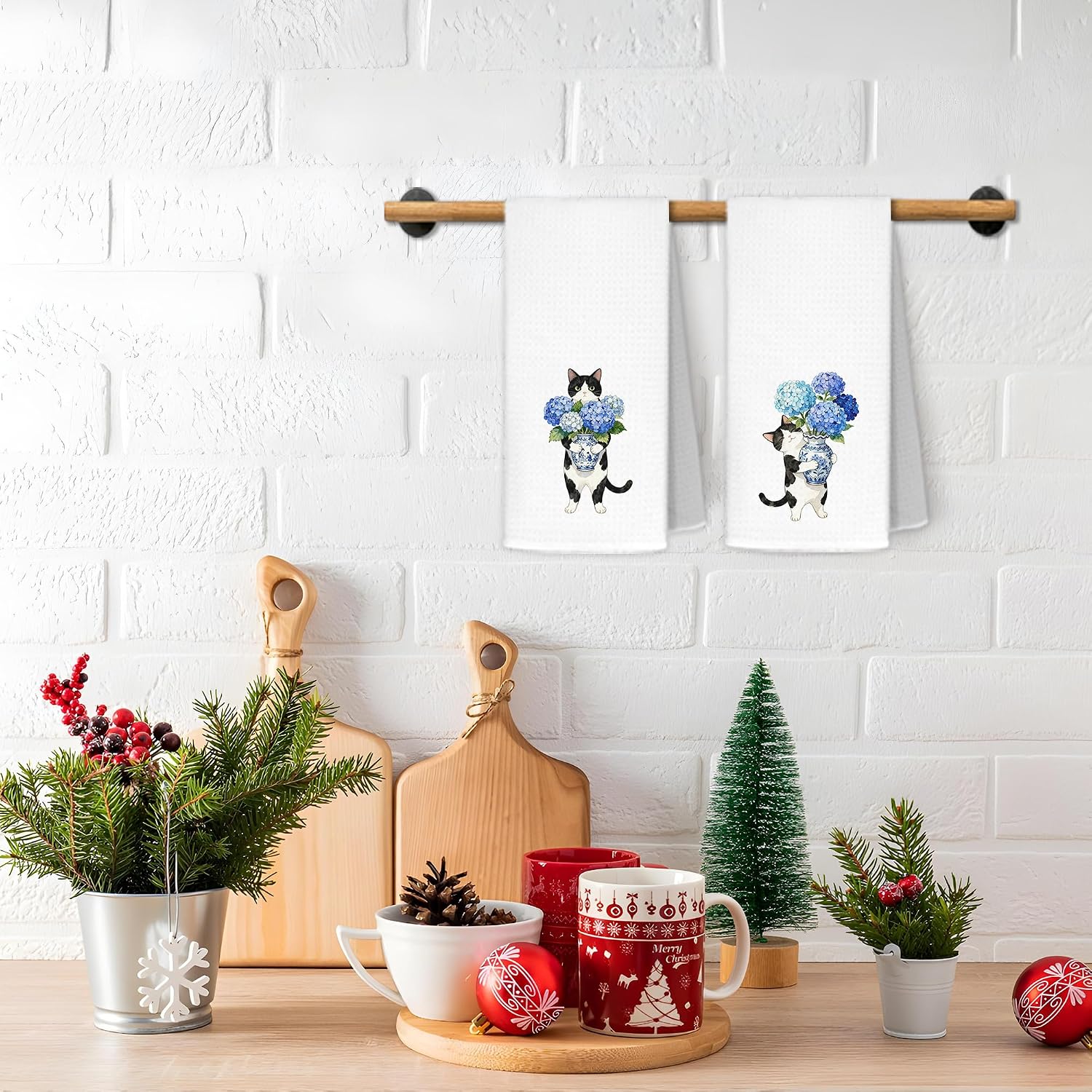 Blue Chinoiserie Hydrangea Tuxedo Cat Kitchen Towels, Black and White Cat Gifts Dish Tea Towels for Kitchen Decor, Blue Floral Kitty Decorative Hand Towel Bathroom Decor, 16x24 Inch Set of 2 image 2