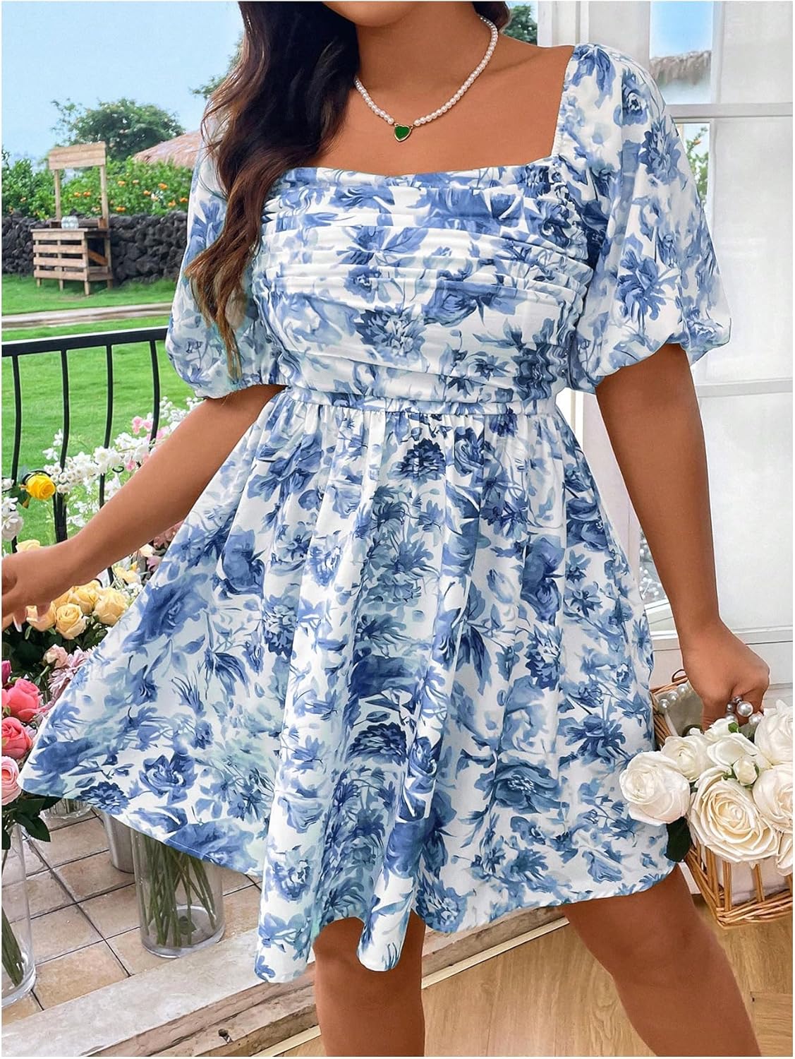 WDIRARA Women's Plus Size Floral Bubble Puff Sleeve Dress Square Neck Holiday A Line Short Dresses - Image 5