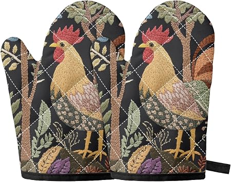 Pinupub Rooster Oven Mitts Cute - Novelty Print Heat Resistant Kitchen Gloves 2 Pack Set for Baking 10"X5.5" Soft No Slip Oven Mitt Set with Hanging Hoop
