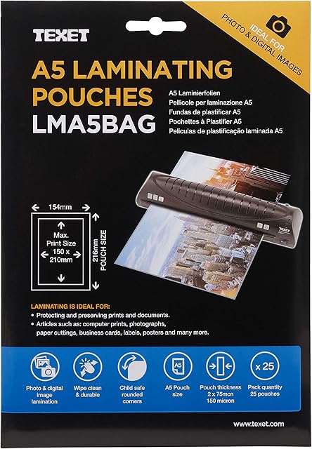 TEXET A5 Laminating Pouches | 150 microns (2*75) | Pack of 25 laminating pouch