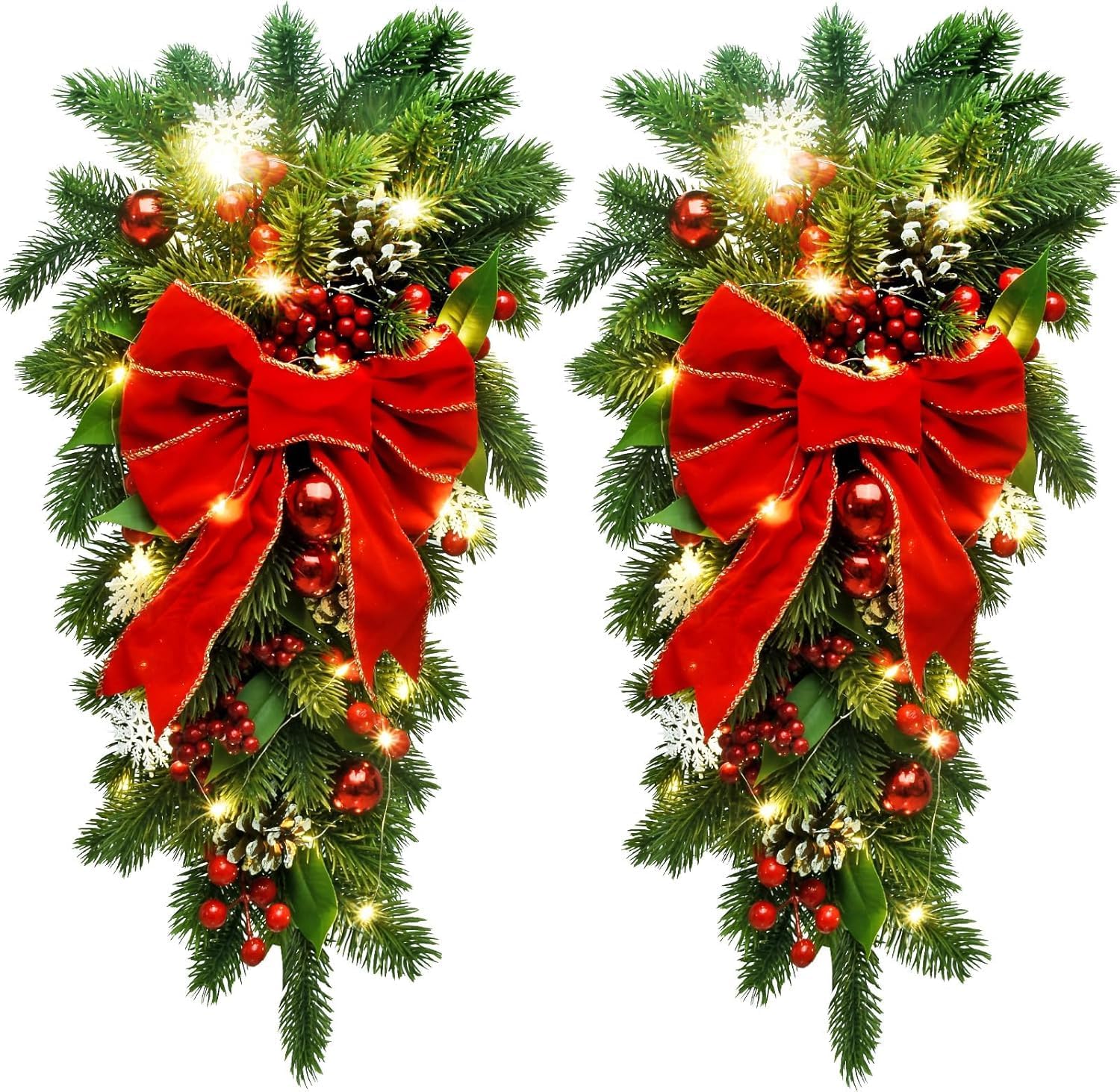 2Pack Pre-Lit Christmas Teardrop Swags, 24 inch Christmas Stair Swags with Bowknot, Red Berries and Pinecone, Winter Pine Needles Swag for Front Door Wall Window Home Xmas Decor