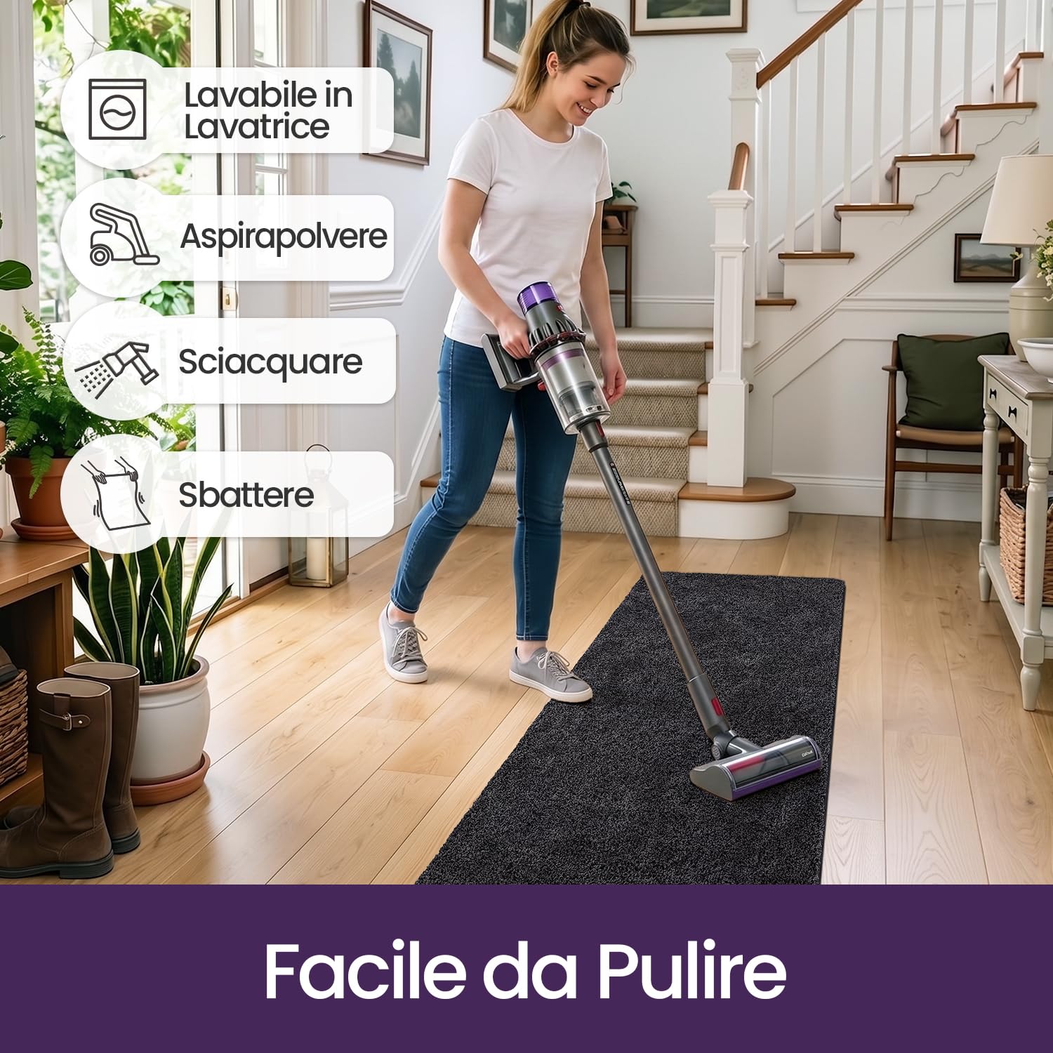 DEXI Passatoia Corridoio 80 x 250 cm, Zerbino Ingresso Assorbente, Tappetino Antiscivolo Lavabile in Lavatrice per Cane, Porta, Nero-Grigio