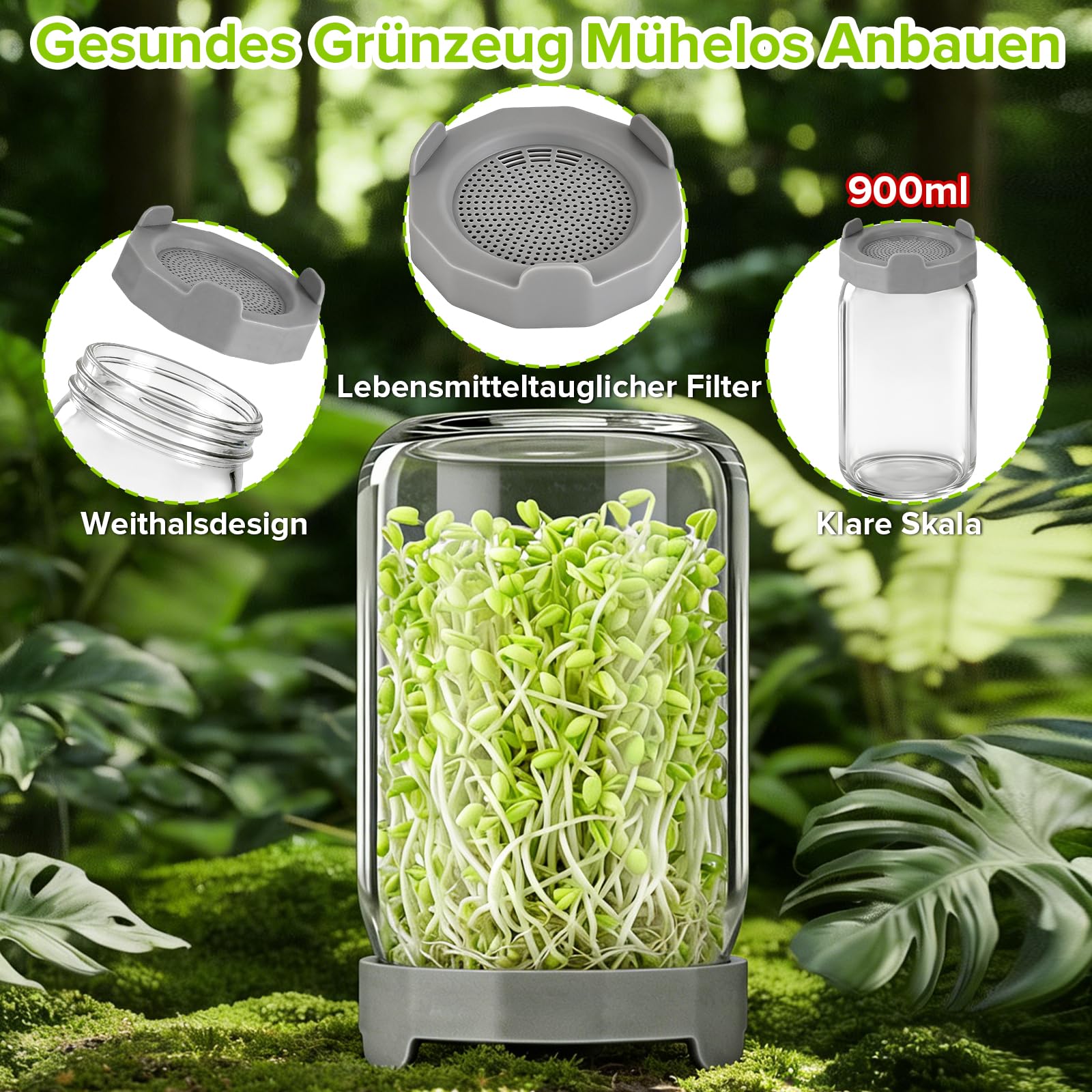 Lot De 3 Bocal De Germination, 900ml Pots Mason à Large Ouverture Couvercles De Germination, Pots De Germination Lot, Plateau à éGouttage Et Brosse Nettoyage, pour La Luzerne Potager Familial