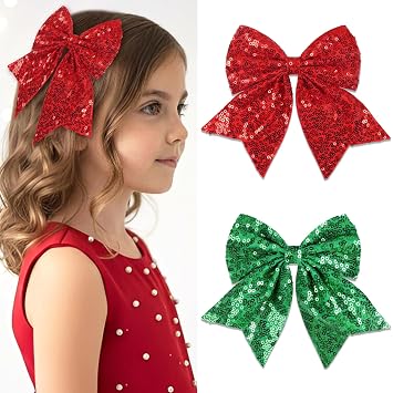 Hair Bow Clips 7 Big Glitter Red Green Bows Sequin Cheerleading Bow For Girls Hair Accessories For Women Festivals Decor Gift Craft